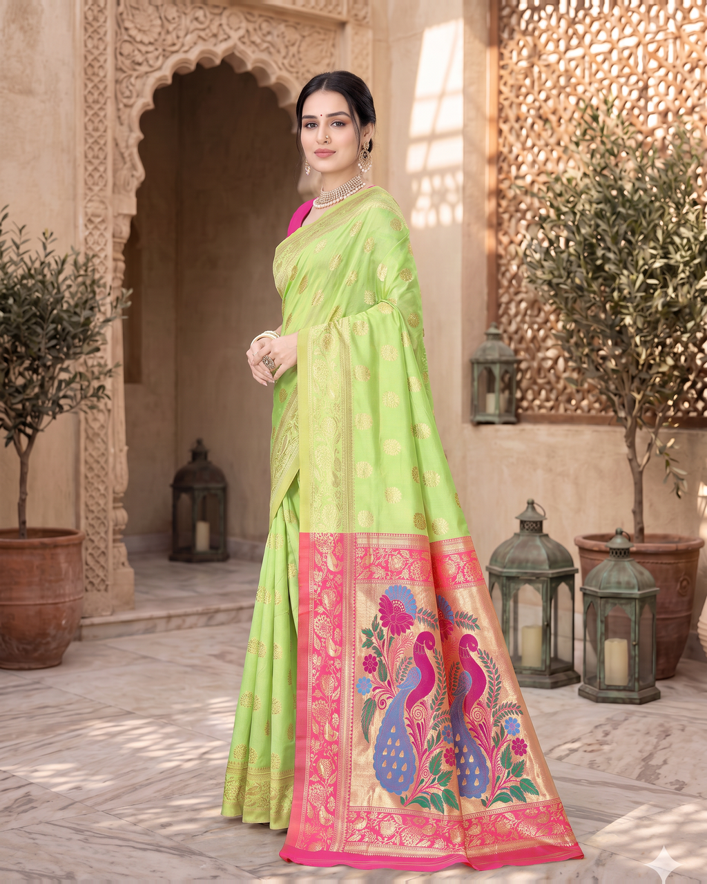 Rajkumari Peacock Motif Paithani Silk Saree - Pista Green - side drape