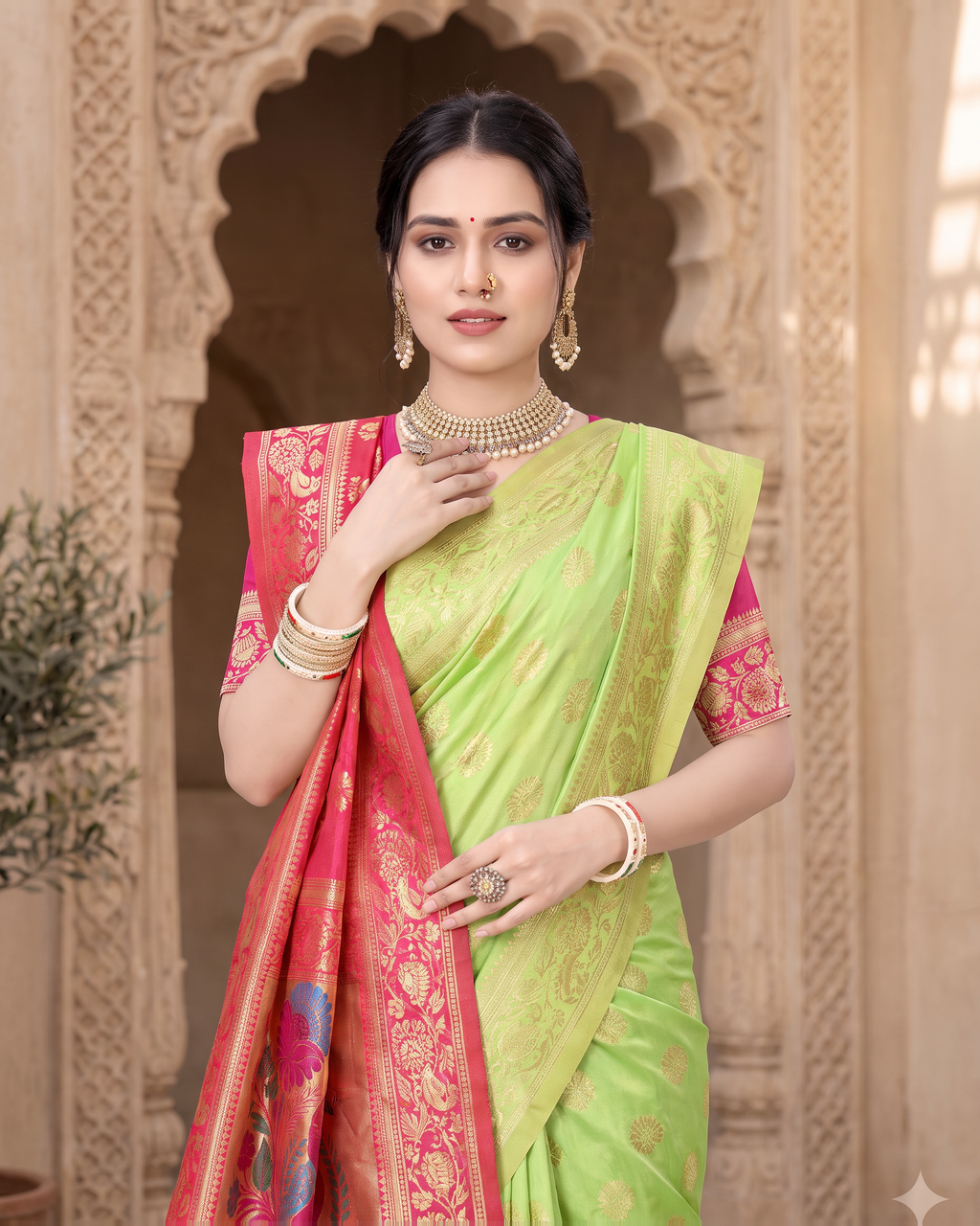 Rajkumari Peacock Motif Paithani Silk Saree - Pista Green - upper closeup