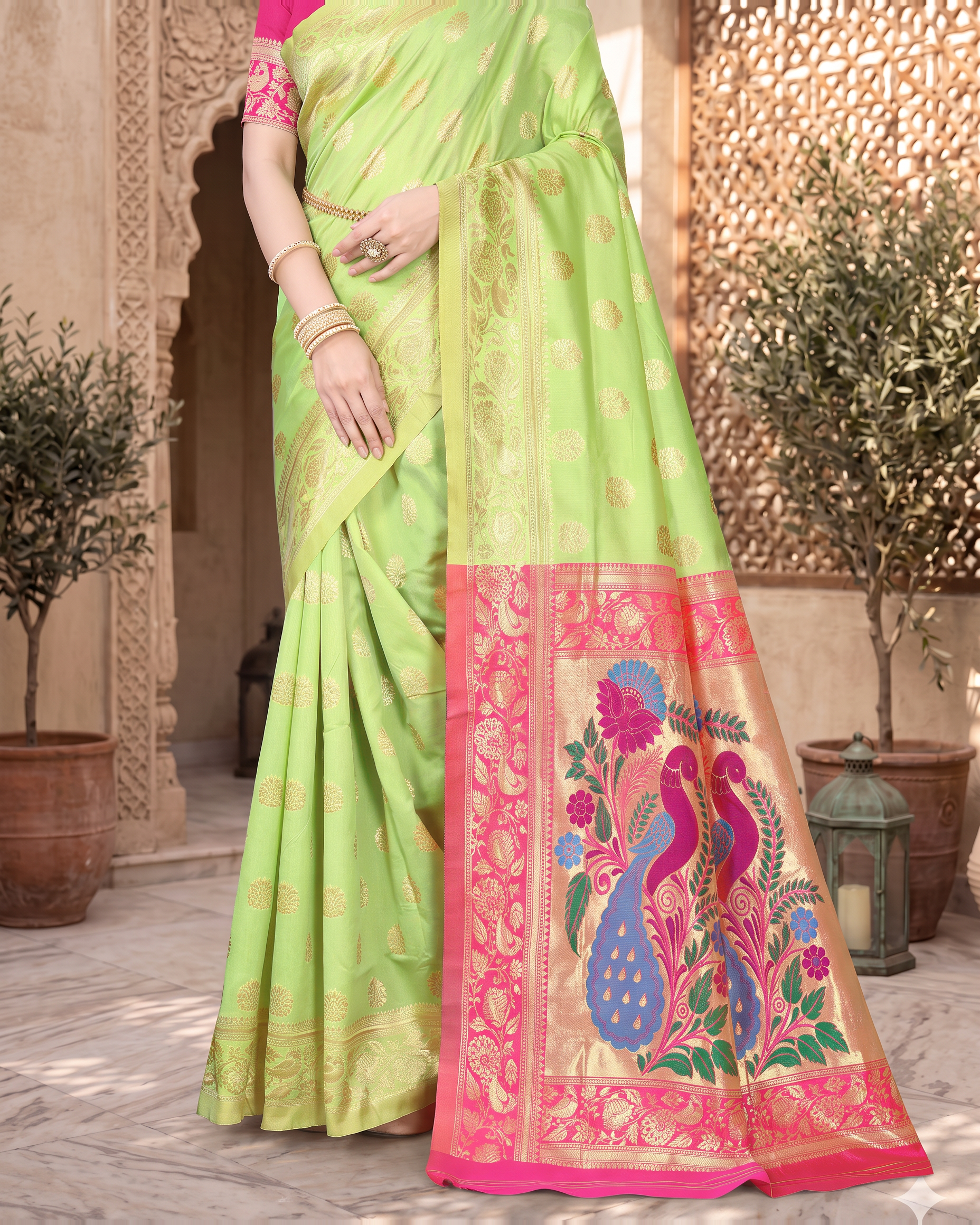 Rajkumari Peacock Motif Paithani Silk Saree - Pista Green - lower closeup