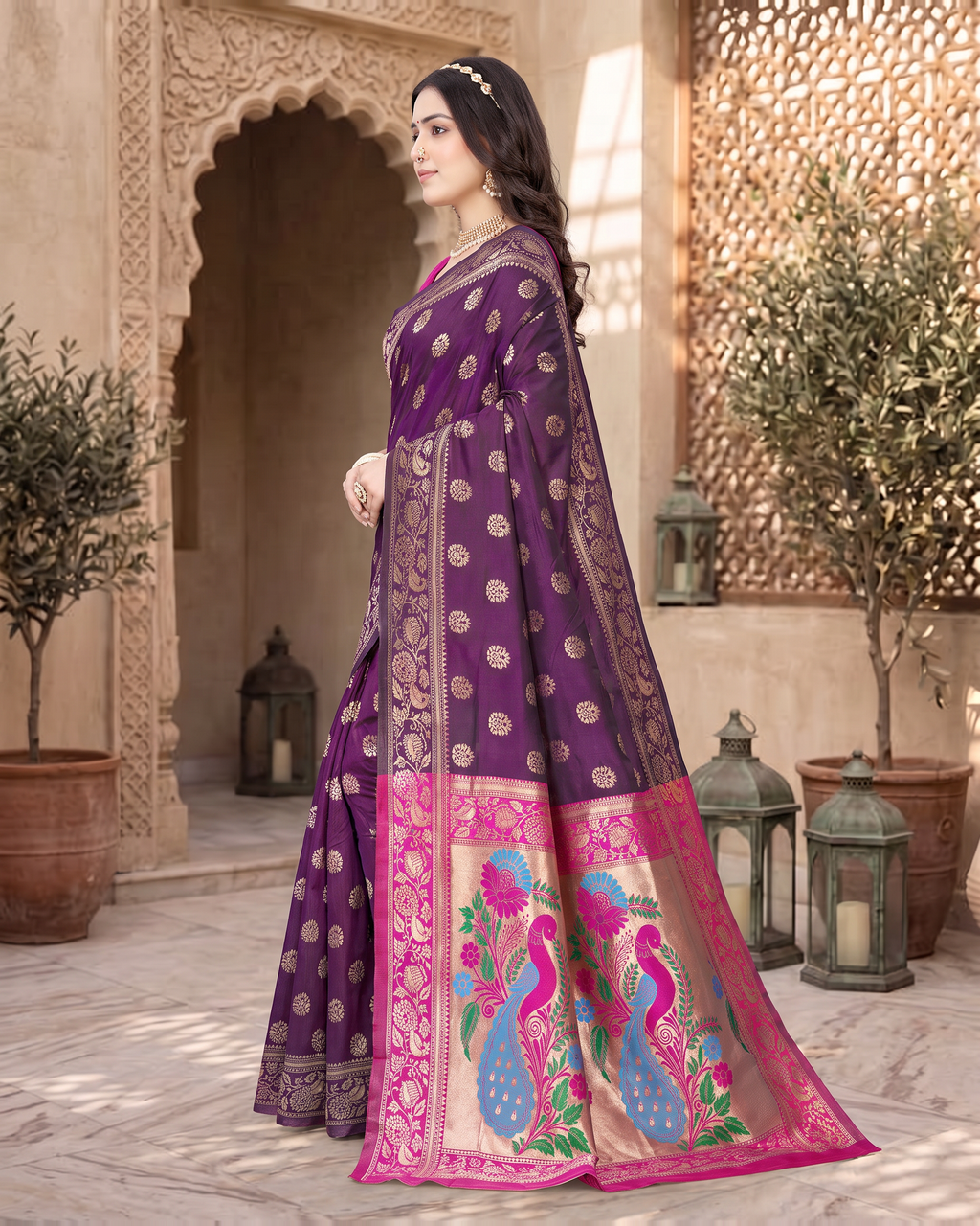 Rajkumari Peacock Motif Paithani Silk Saree - Purple - side drape