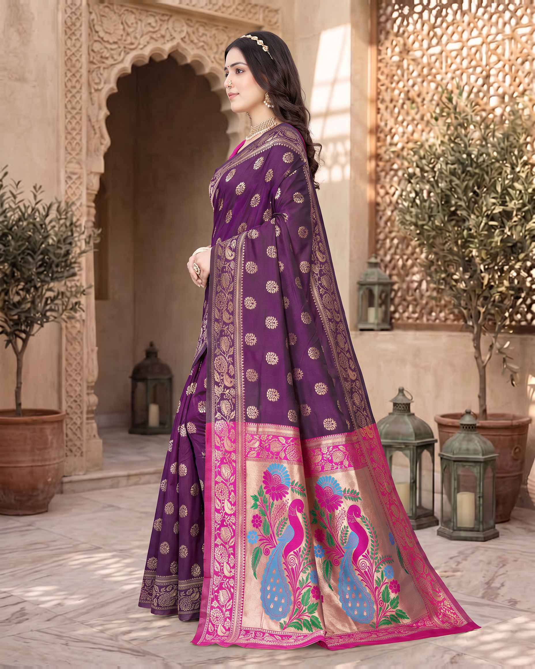 Rajkumari Peacock Motif Paithani Silk Saree - Purple - side drape