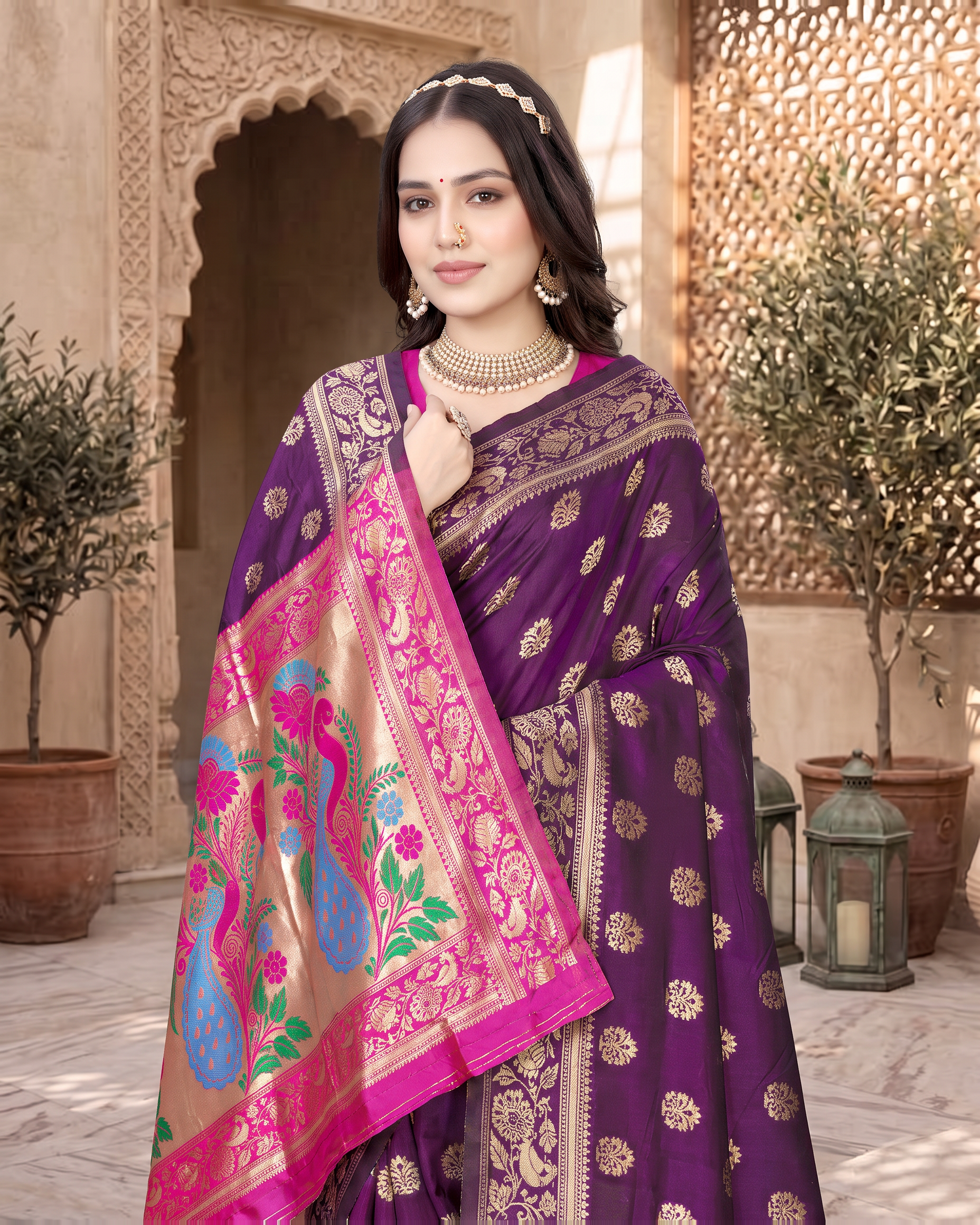 Rajkumari Peacock Motif Paithani Silk Saree - Purple - upper closeup
