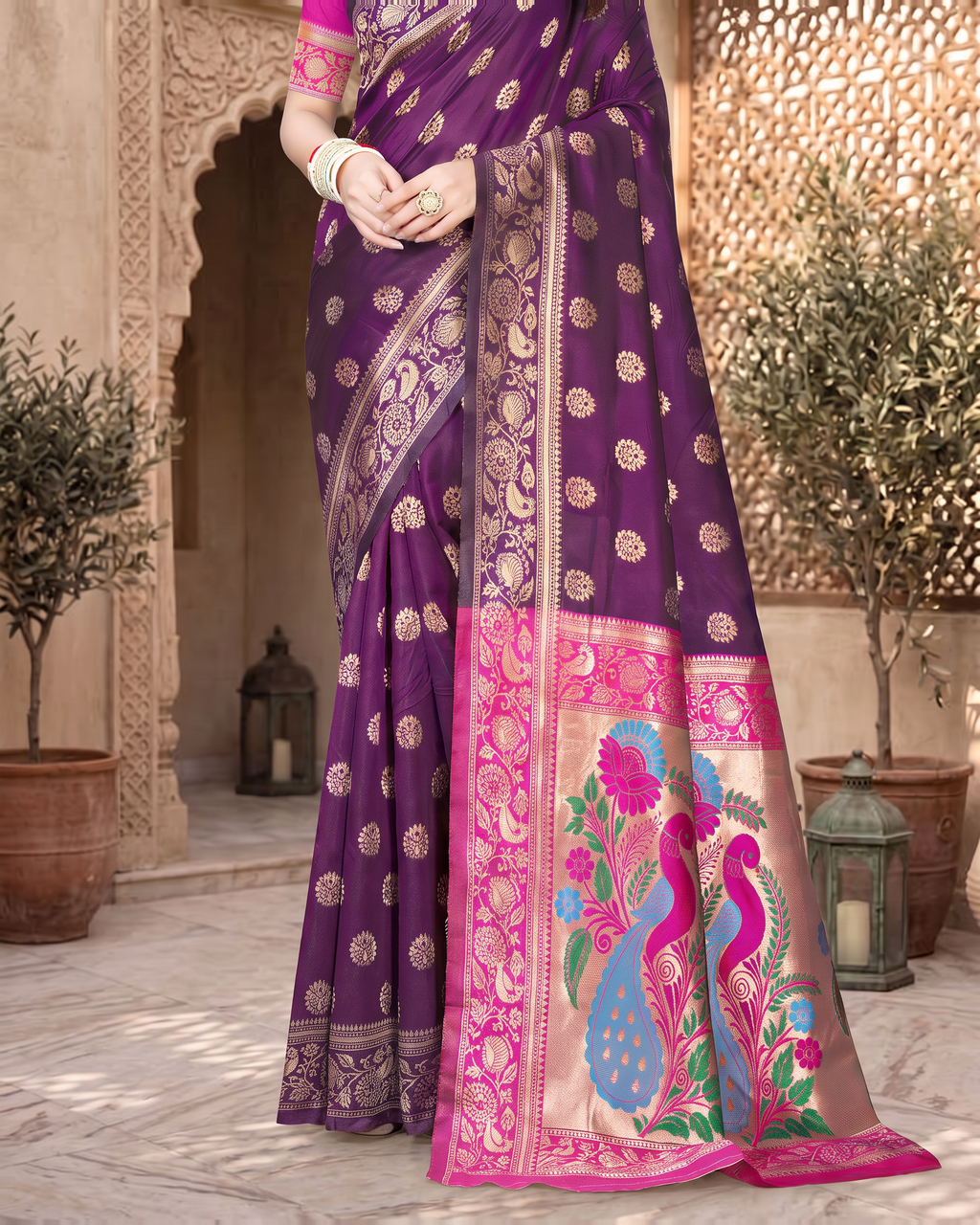 Rajkumari Peacock Motif Paithani Silk Saree - Purple - lower closeup