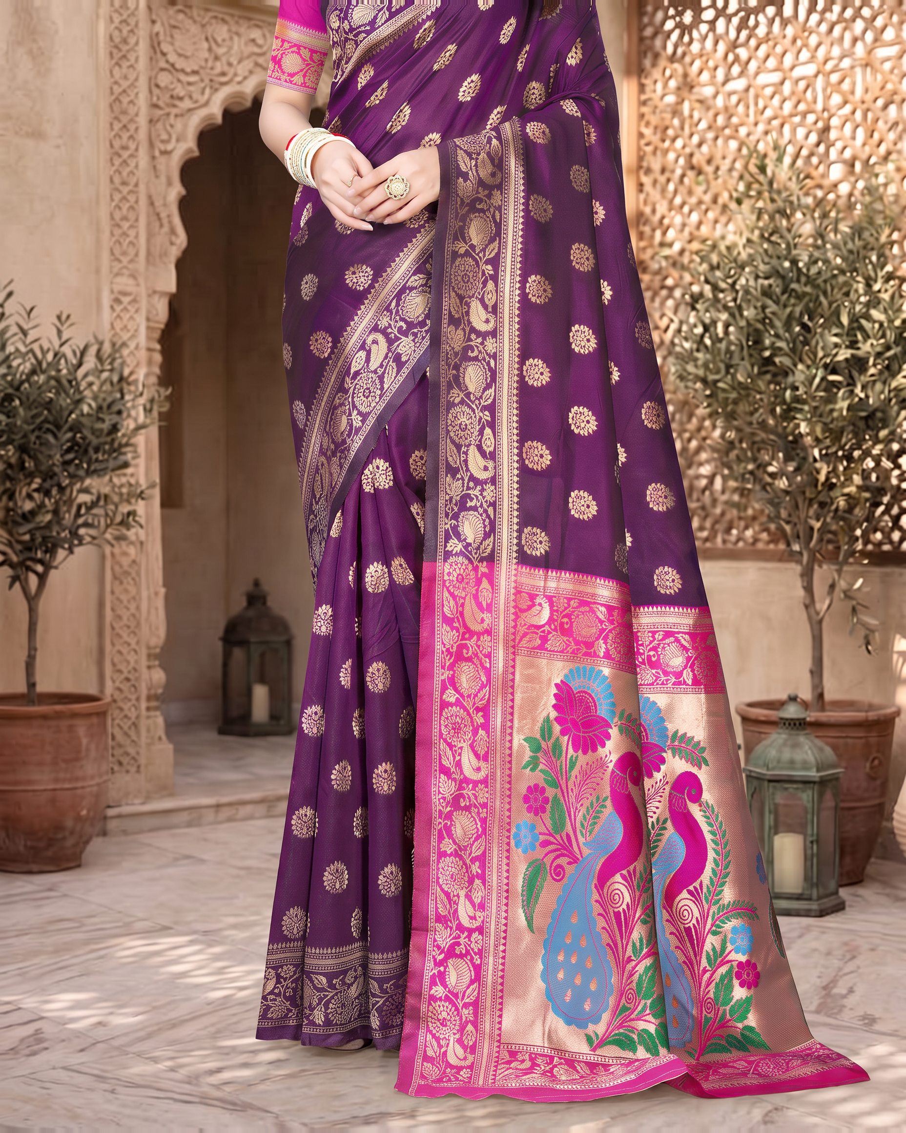 Rajkumari Peacock Motif Paithani Silk Saree - Purple - lower closeup
