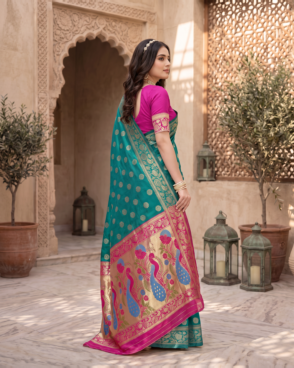 Rajkumari Peacock Motif Paithani Silk Saree - Rama Green - side drape