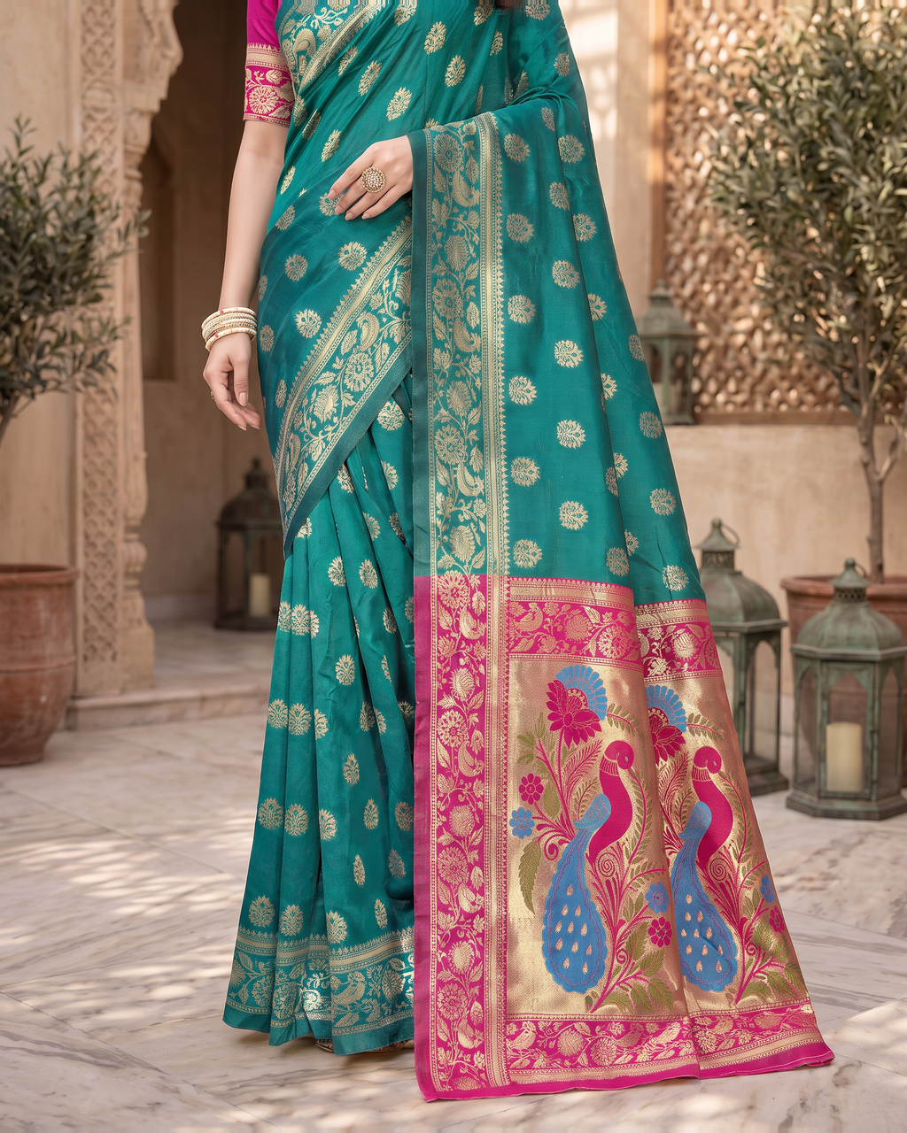 Rajkumari Peacock Motif Paithani Silk Saree - Rama Green - lower closeup