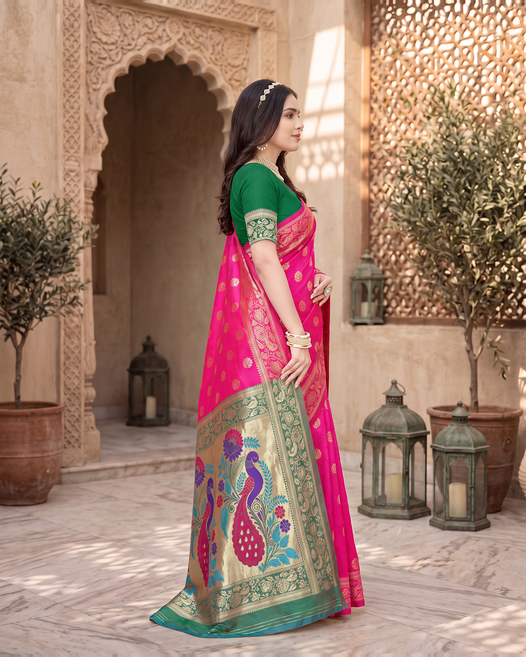 Rajkumari Peacock Motif Paithani Silk Saree - Rani Pink - side drape