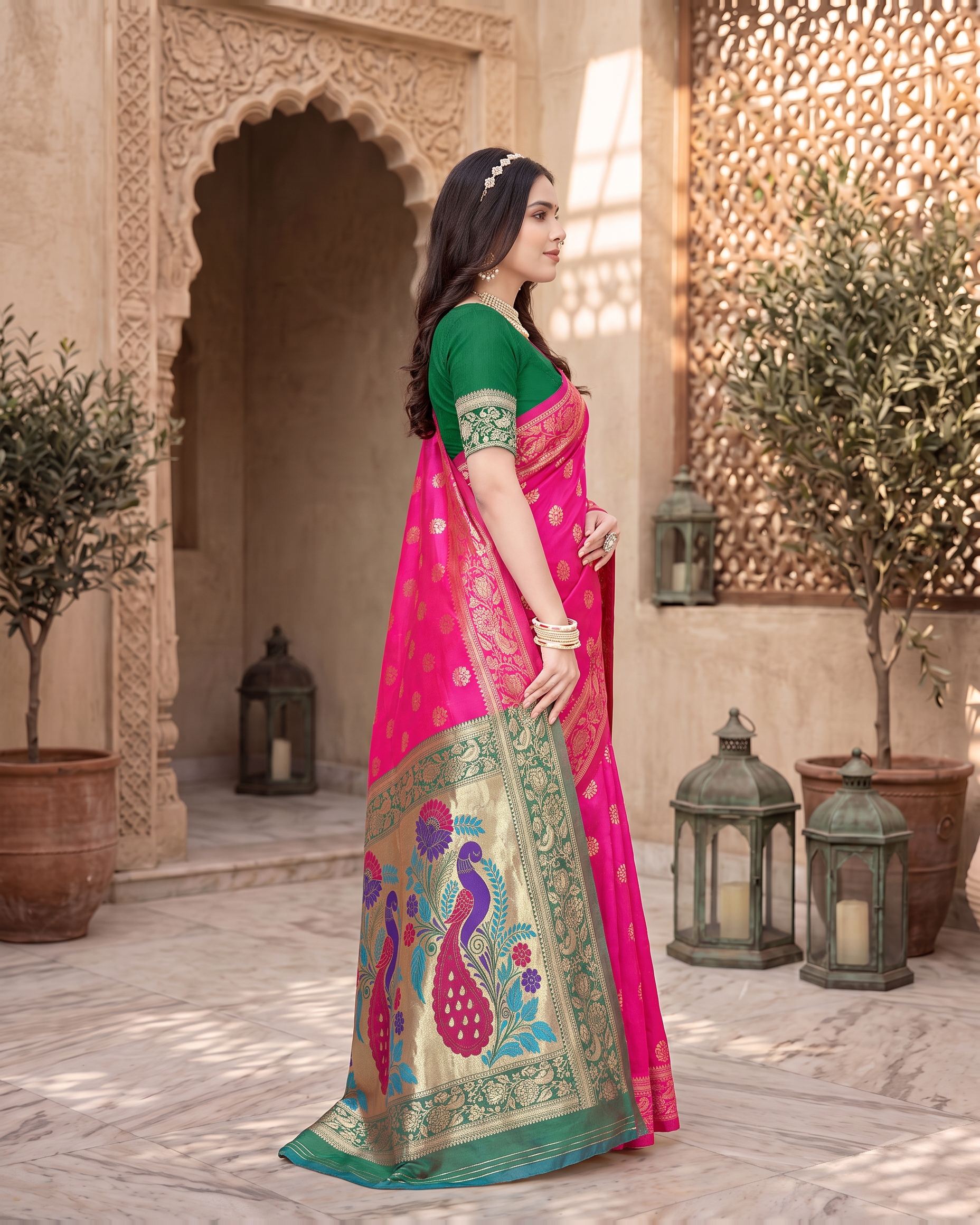 Rajkumari Peacock Motif Paithani Silk Saree - Rani Pink - side drape