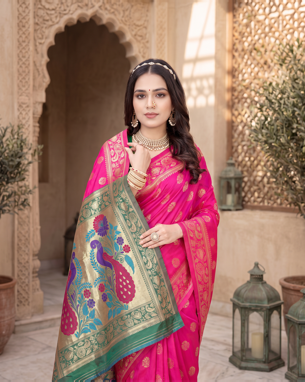 Rajkumari Peacock Motif Paithani Silk Saree - Rani Pink - upper closeup