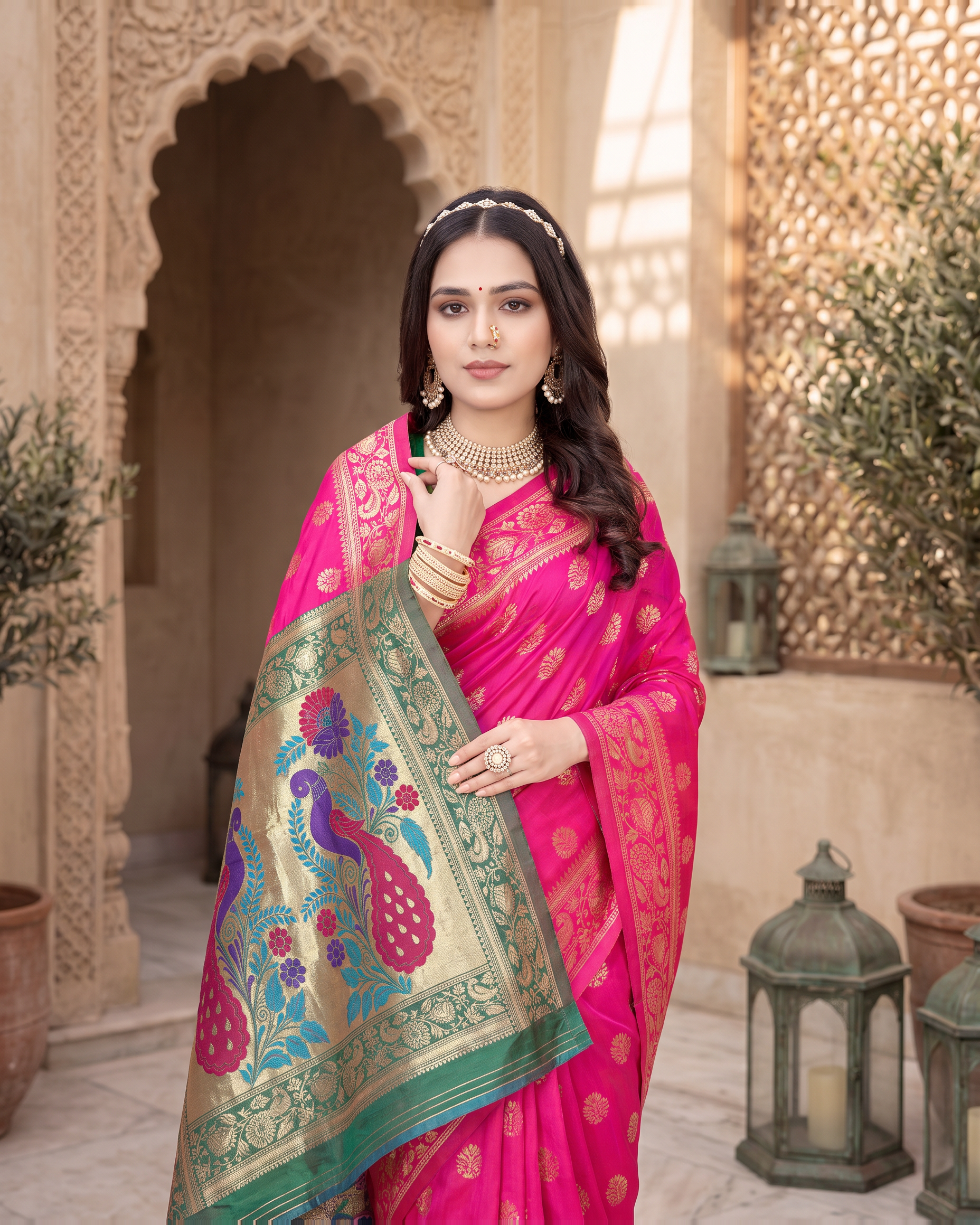 Rajkumari Peacock Motif Paithani Silk Saree - Rani Pink - upper closeup