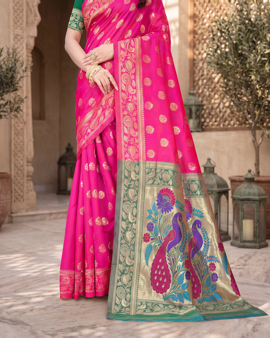 Rajkumari Peacock Motif Paithani Silk Saree - Rani Pink - lower closeup
