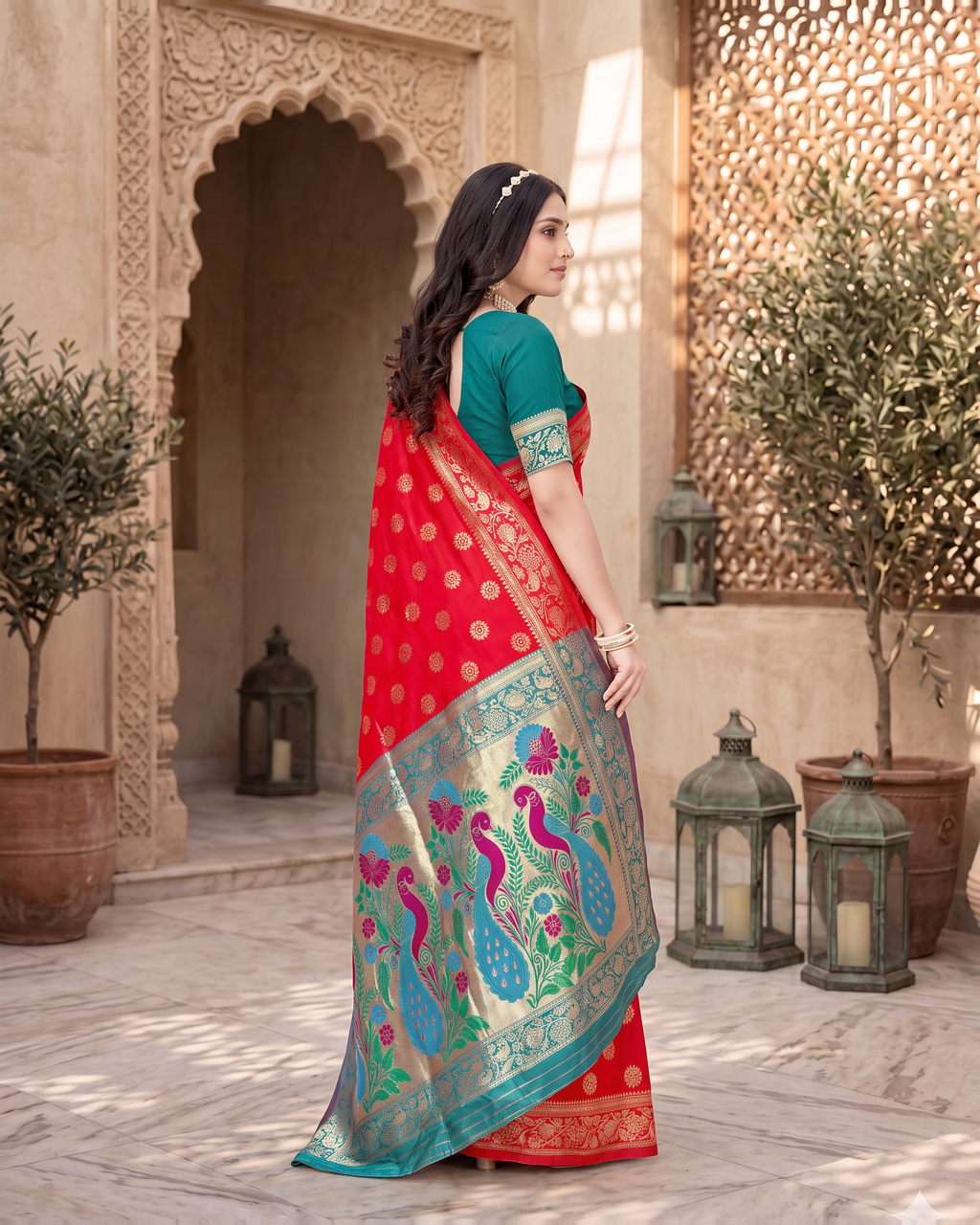 Rajkumari Peacock Motif Paithani Silk Saree - Red - side drape