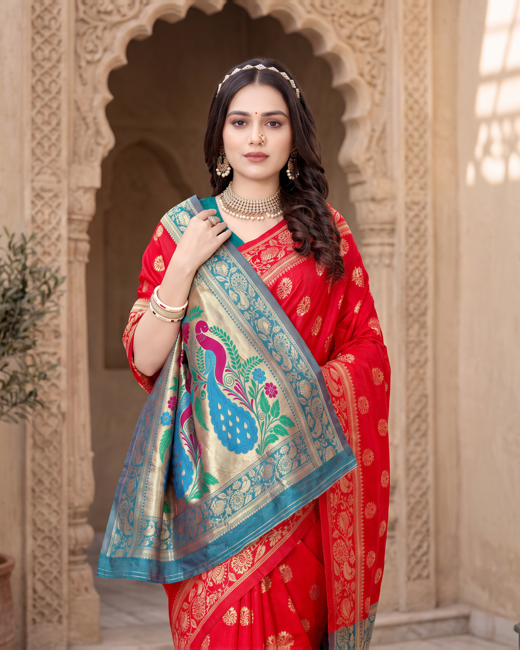 Rajkumari Peacock Motif Paithani Silk Saree - Red - upper closeup