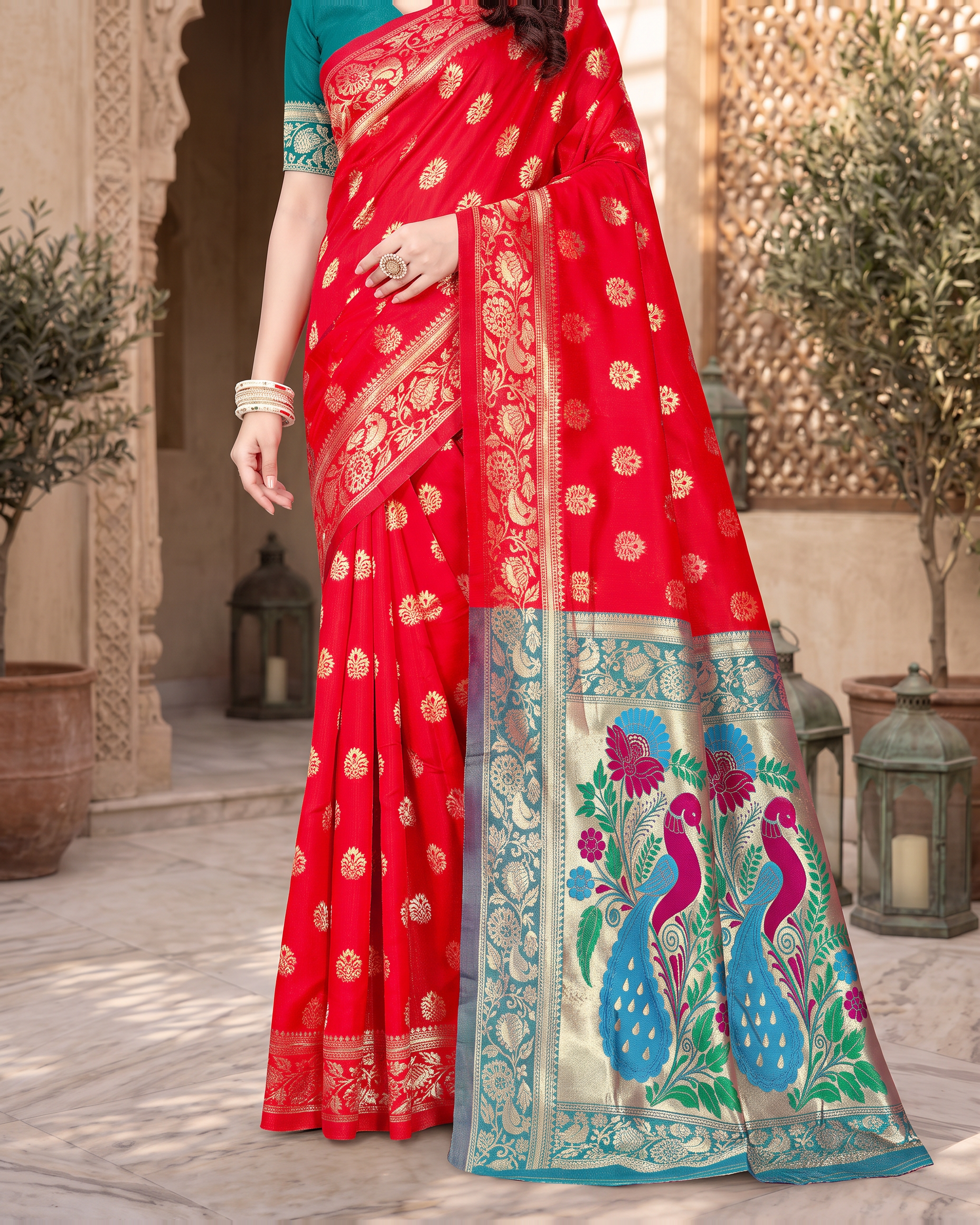 Rajkumari Peacock Motif Paithani Silk Saree - Red - lower closeup