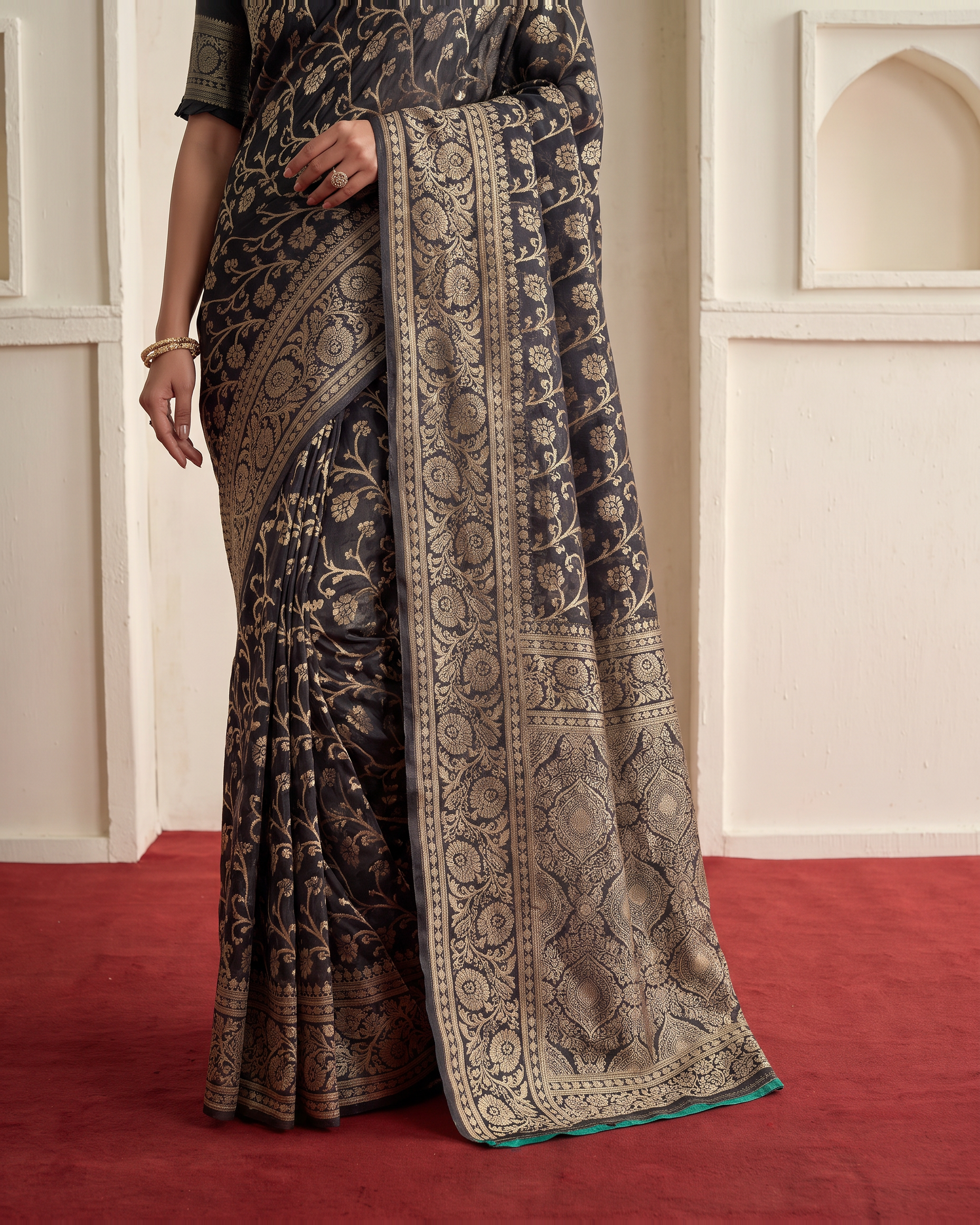 Rajvi Grand Contrast Pallu Paithani Silk Saree - Black - lower border closeup
