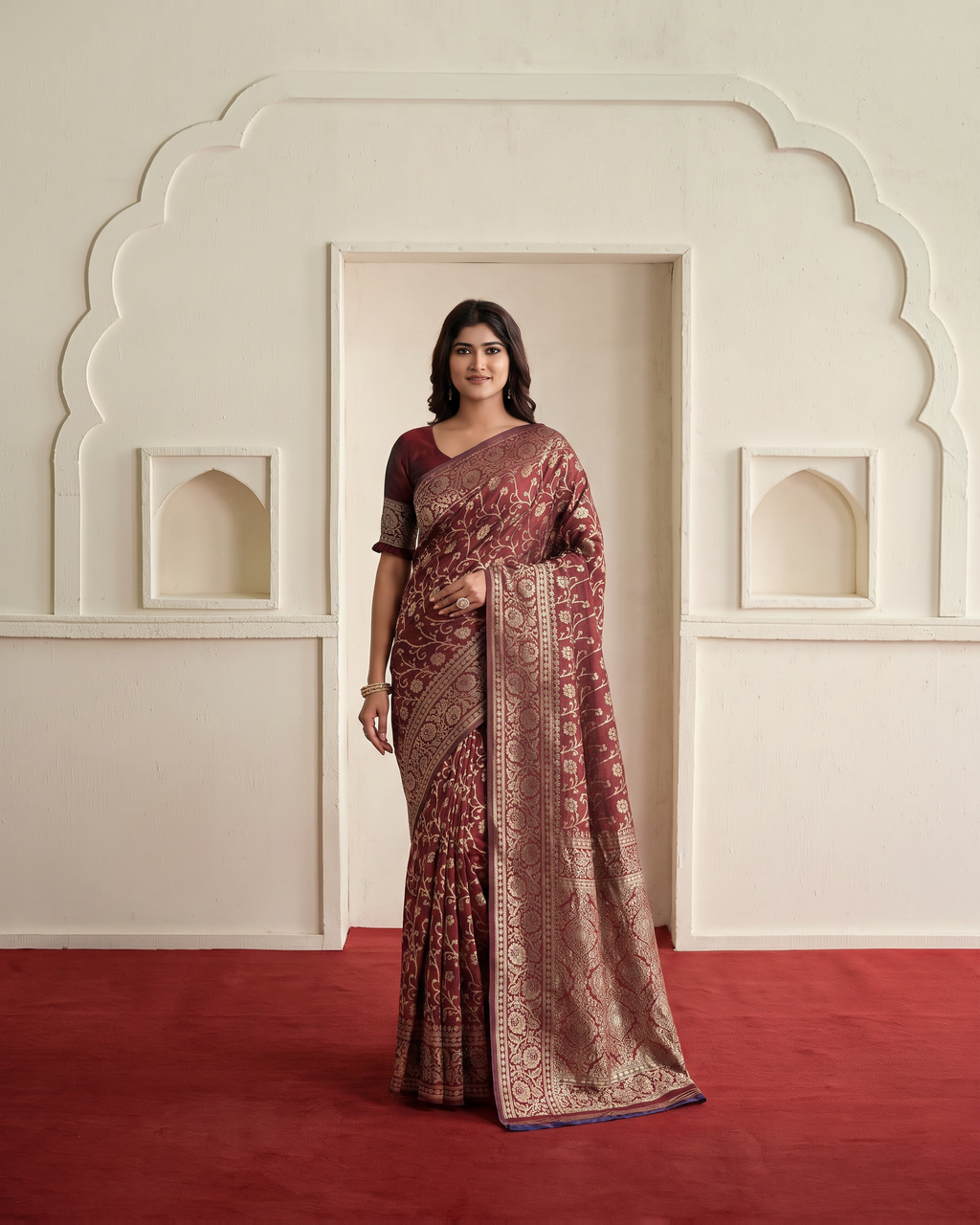 Rajvi Grand Contrast Pallu Paithani Silk Saree - Maroon - full saree hero