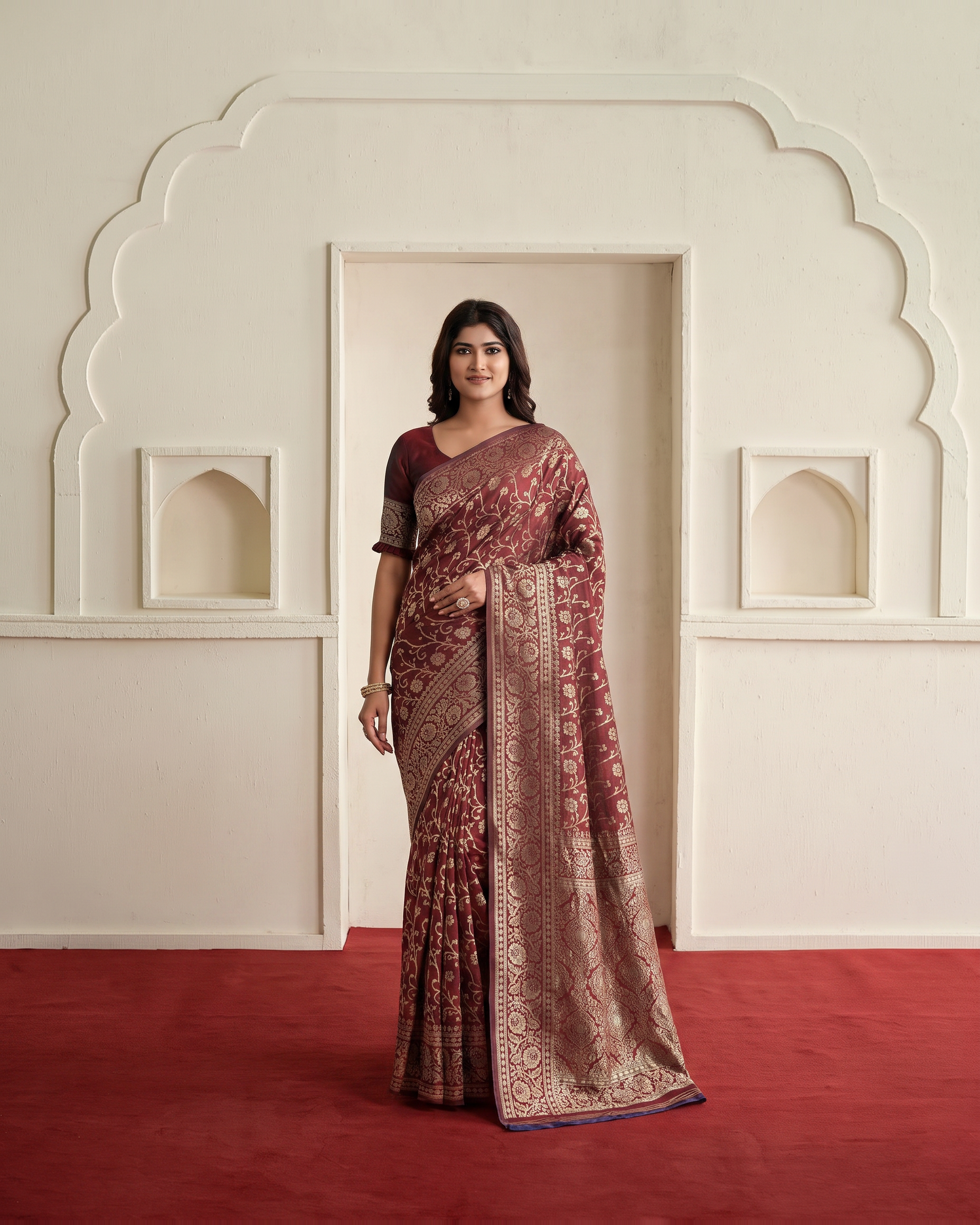 Rajvi Grand Contrast Pallu Paithani Silk Saree - Maroon - full saree hero