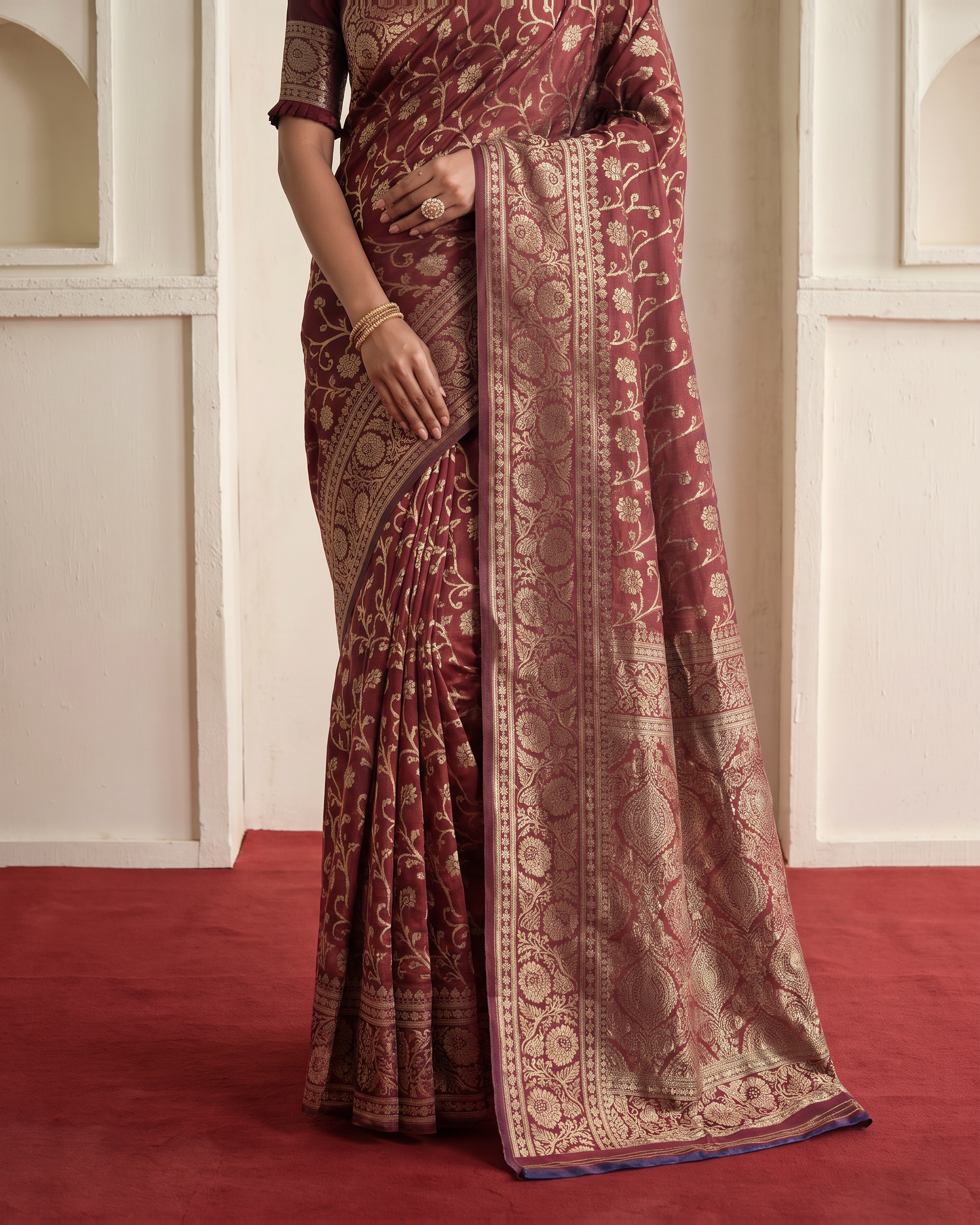 Rajvi Grand Contrast Pallu Paithani Silk Saree - Maroon - lower border closeup