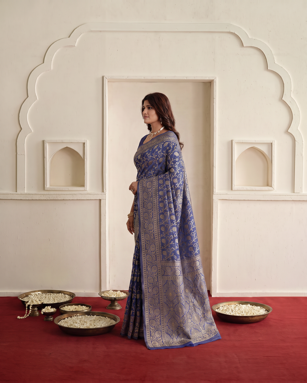 Rajvi Grand Contrast Pallu Paithani Silk Saree - Navy Blue - side drape