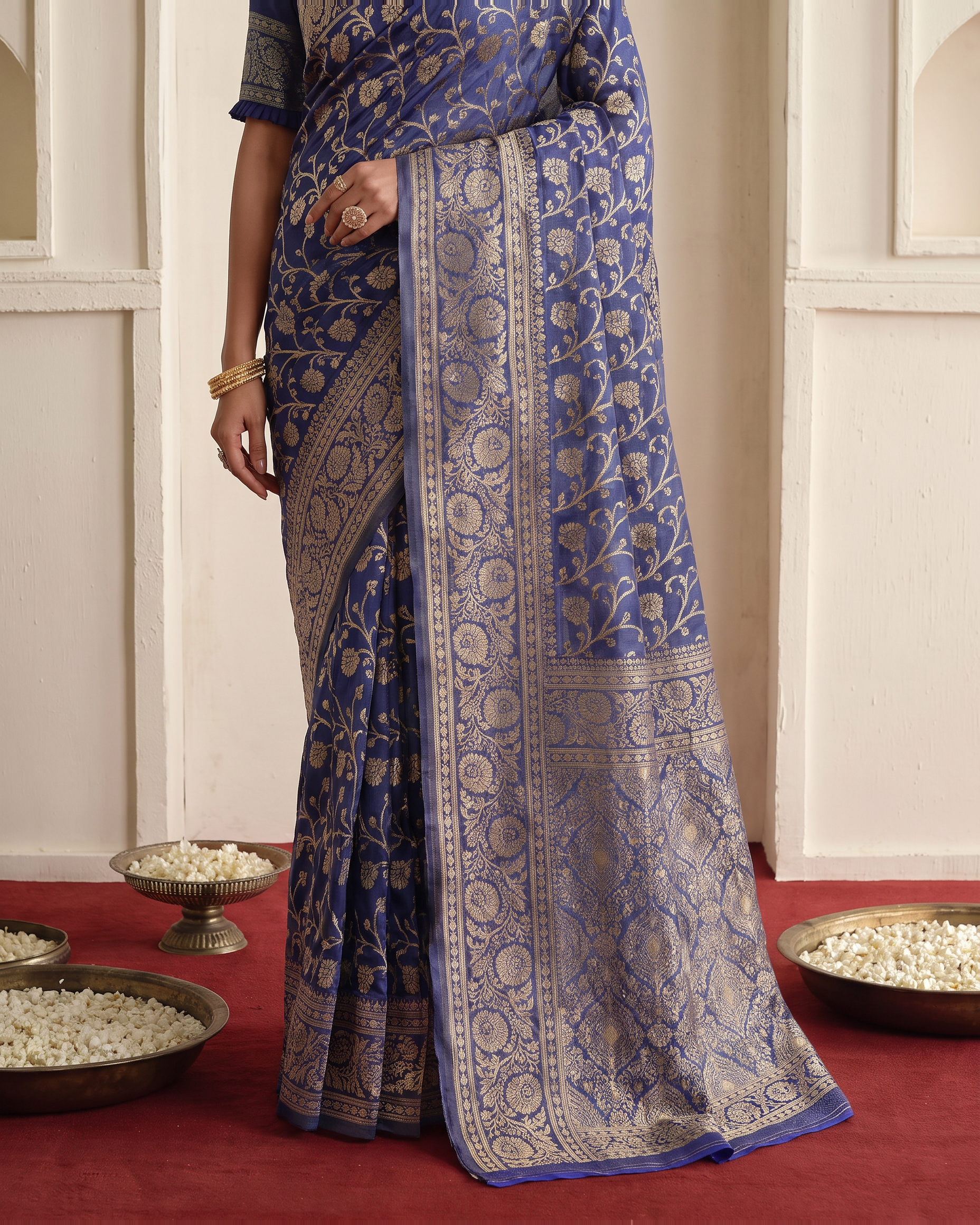 Rajvi Grand Contrast Pallu Paithani Silk Saree - Navy Blue - lower border closeup