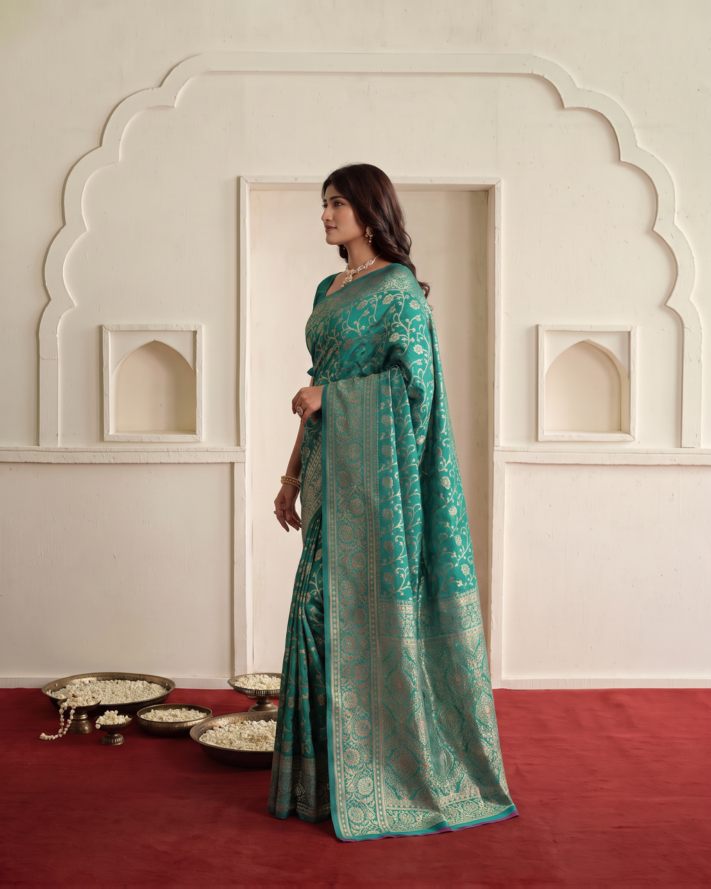 Rajvi Grand Contrast Pallu Paithani Silk Saree - Rama Green - side drape