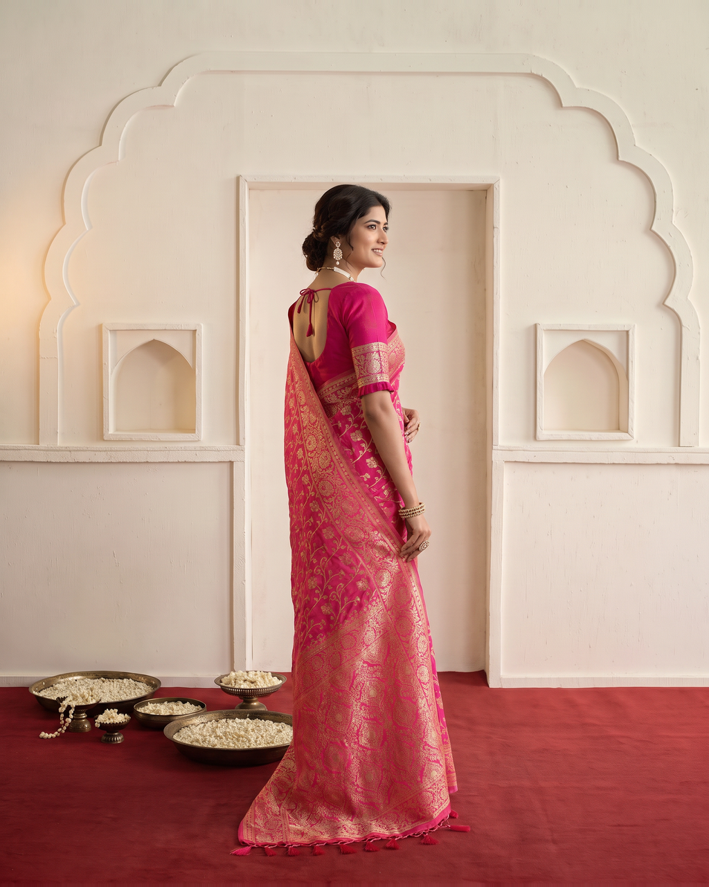 Rajvi Grand Contrast Pallu Paithani Silk Saree - Rani Pink - side drape