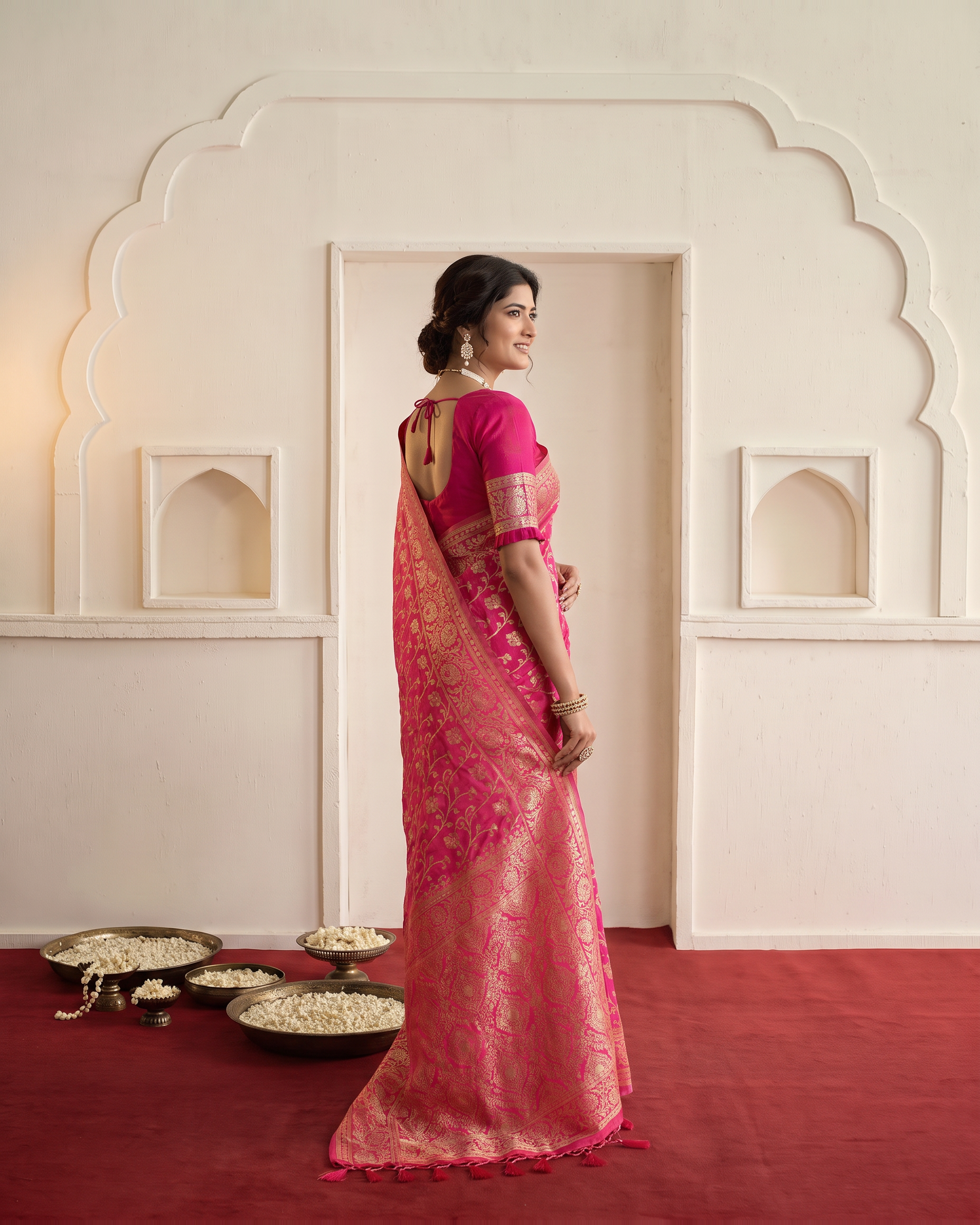 Rajvi Grand Contrast Pallu Paithani Silk Saree - Rani Pink - side drape