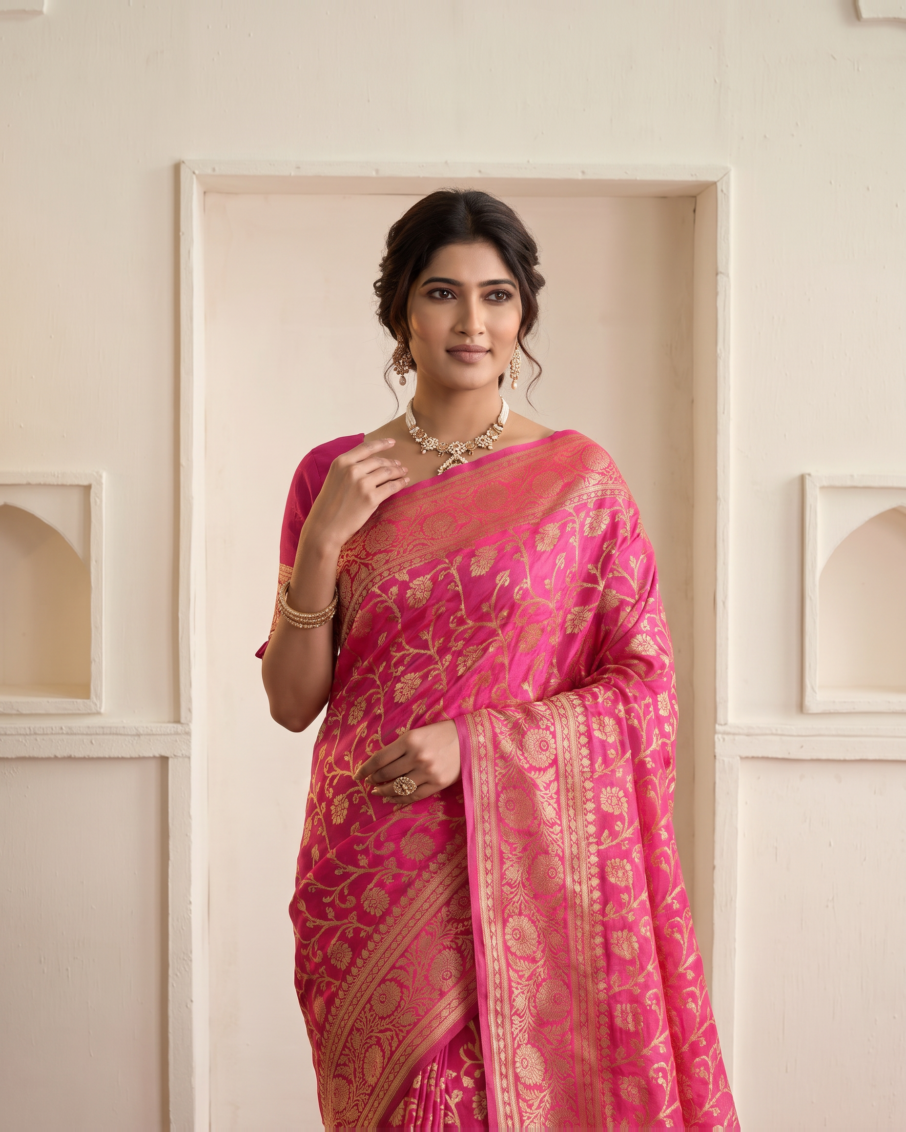Rajvi Grand Contrast Pallu Paithani Silk Saree - Rani Pink - upper closeup