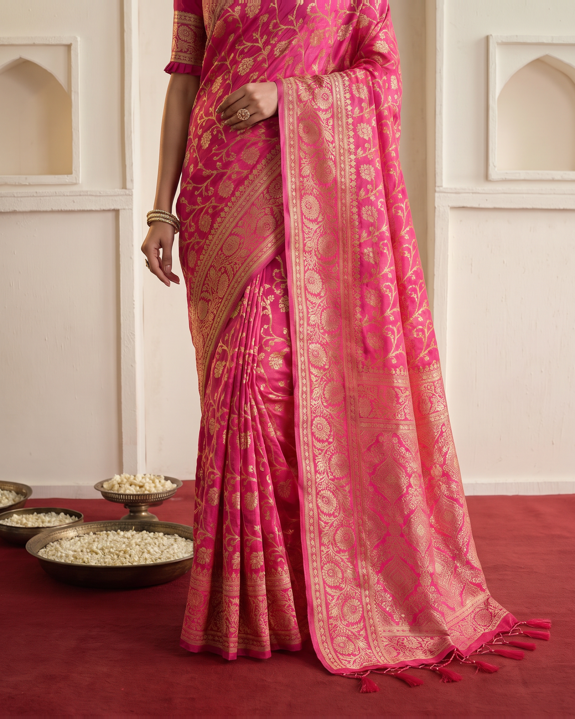 Rajvi Grand Contrast Pallu Paithani Silk Saree - Rani Pink - lower border closeup