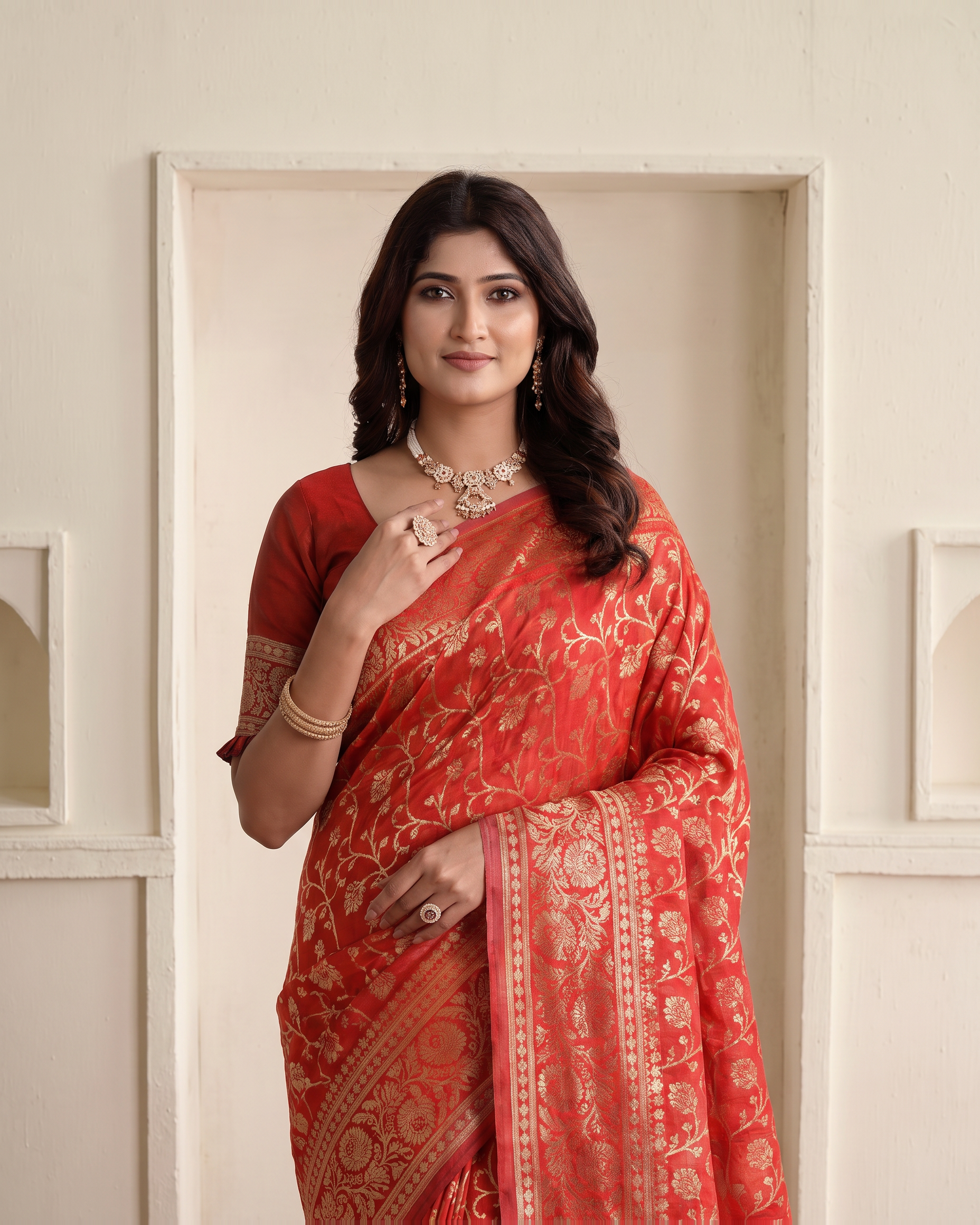 Rajvi Grand Contrast Pallu Paithani Silk Saree - Red - upper closeup