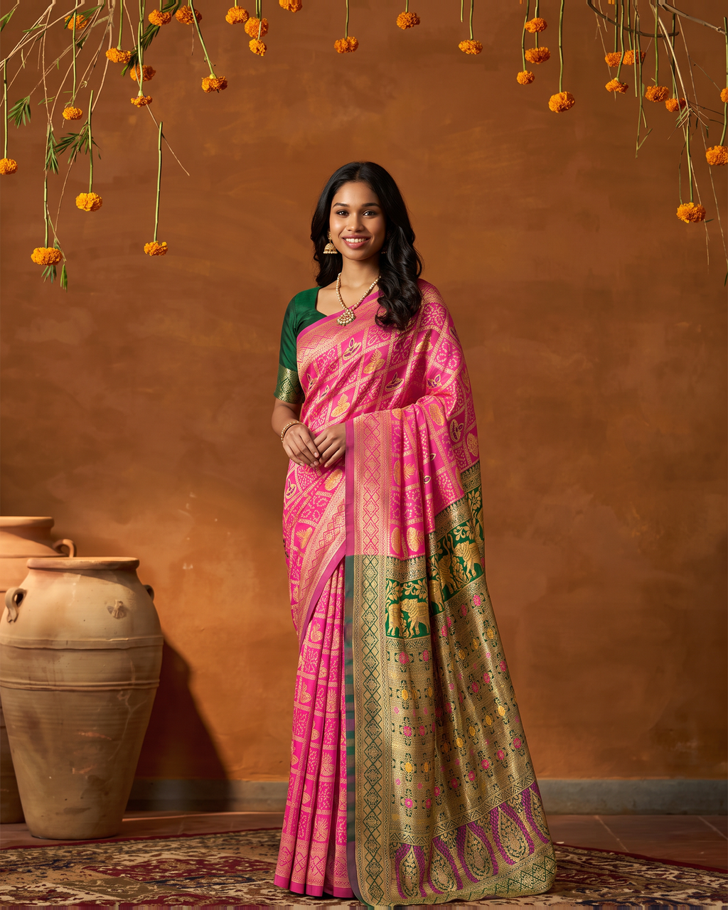 Rani Pink Olive Silk Saree with Grand Zari Border - full saree hero