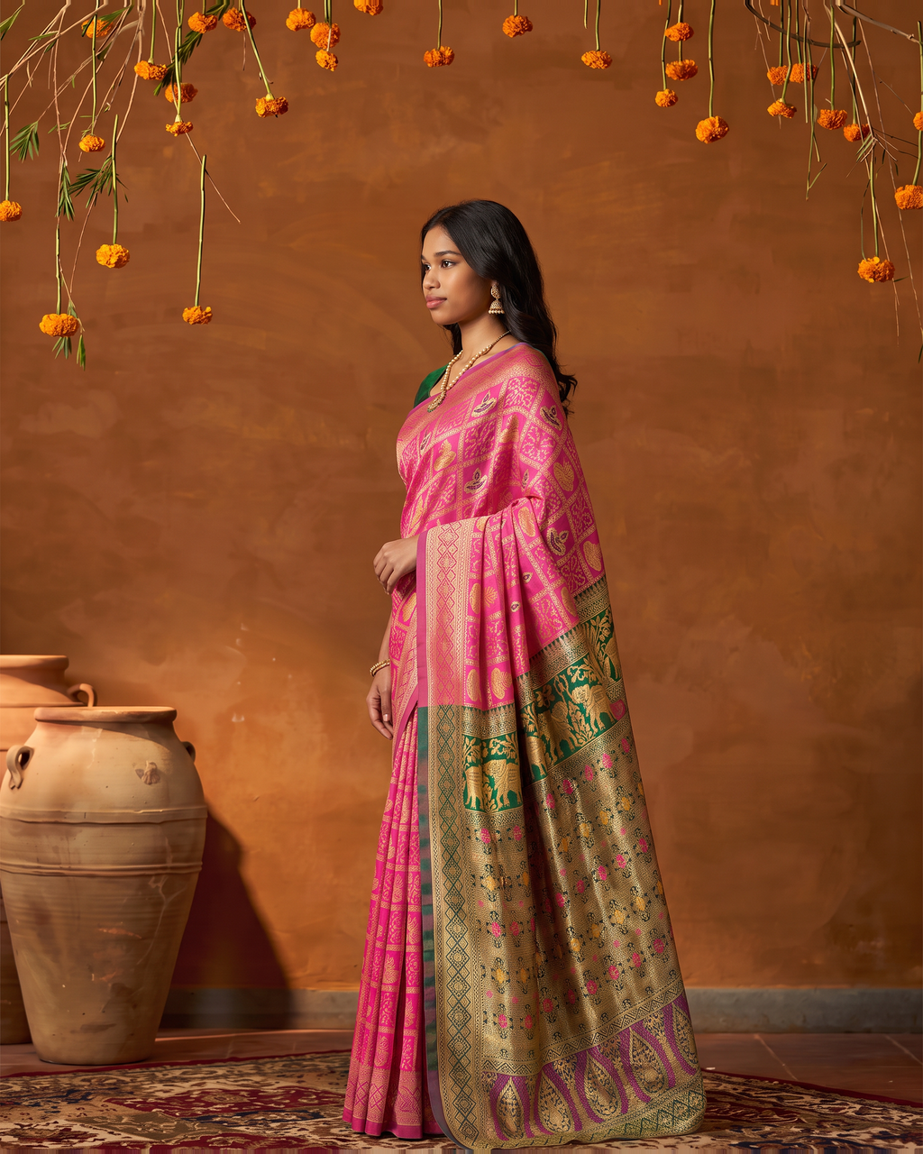Rani Pink Olive Silk Saree with Grand Zari Border - side drape
