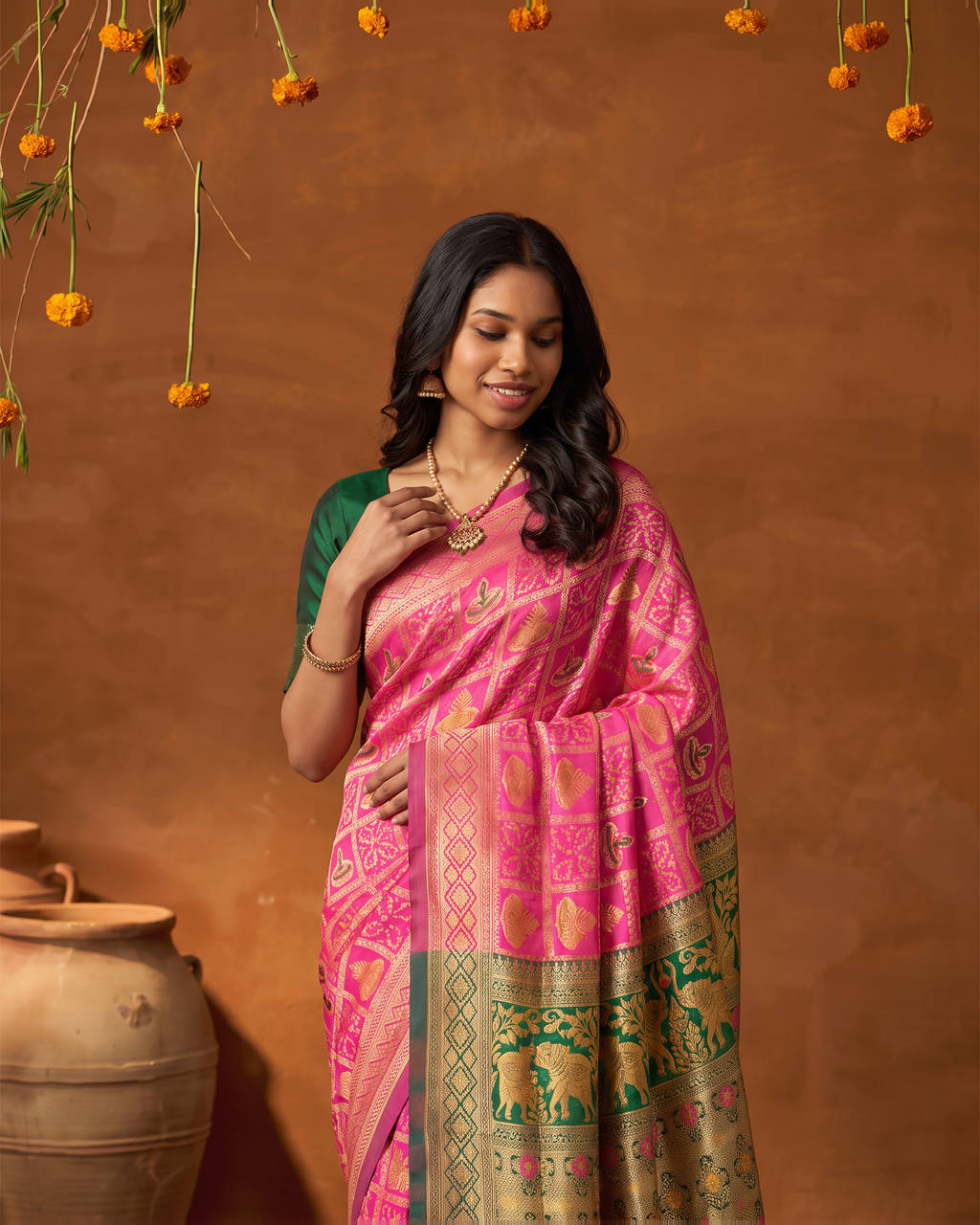 Rani Pink Olive Silk Saree with Grand Zari Border - upper closeup