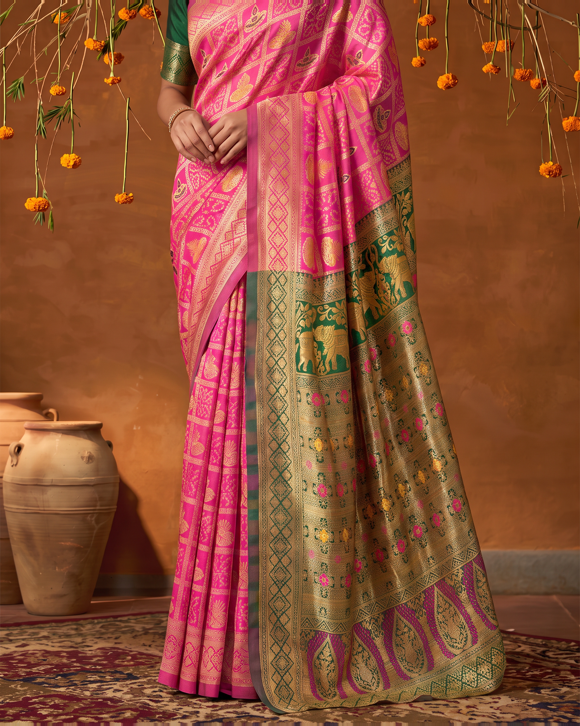Rani Pink Olive Silk Saree with Grand Zari Border - lower closeup
