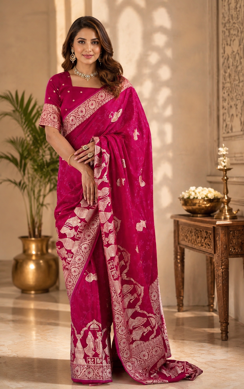 Rani Pink Pure Silk Jari Weave Party Wear Saree - full saree hero
