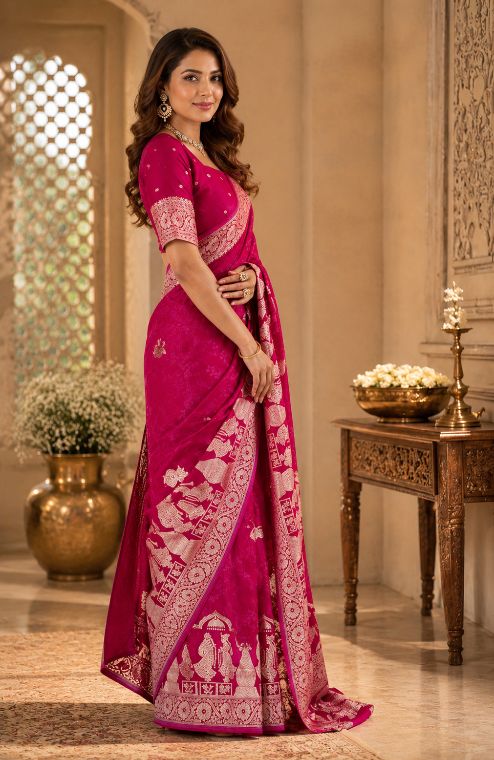 Rani Pink Pure Silk Jari Weave Party Wear Saree - image 2