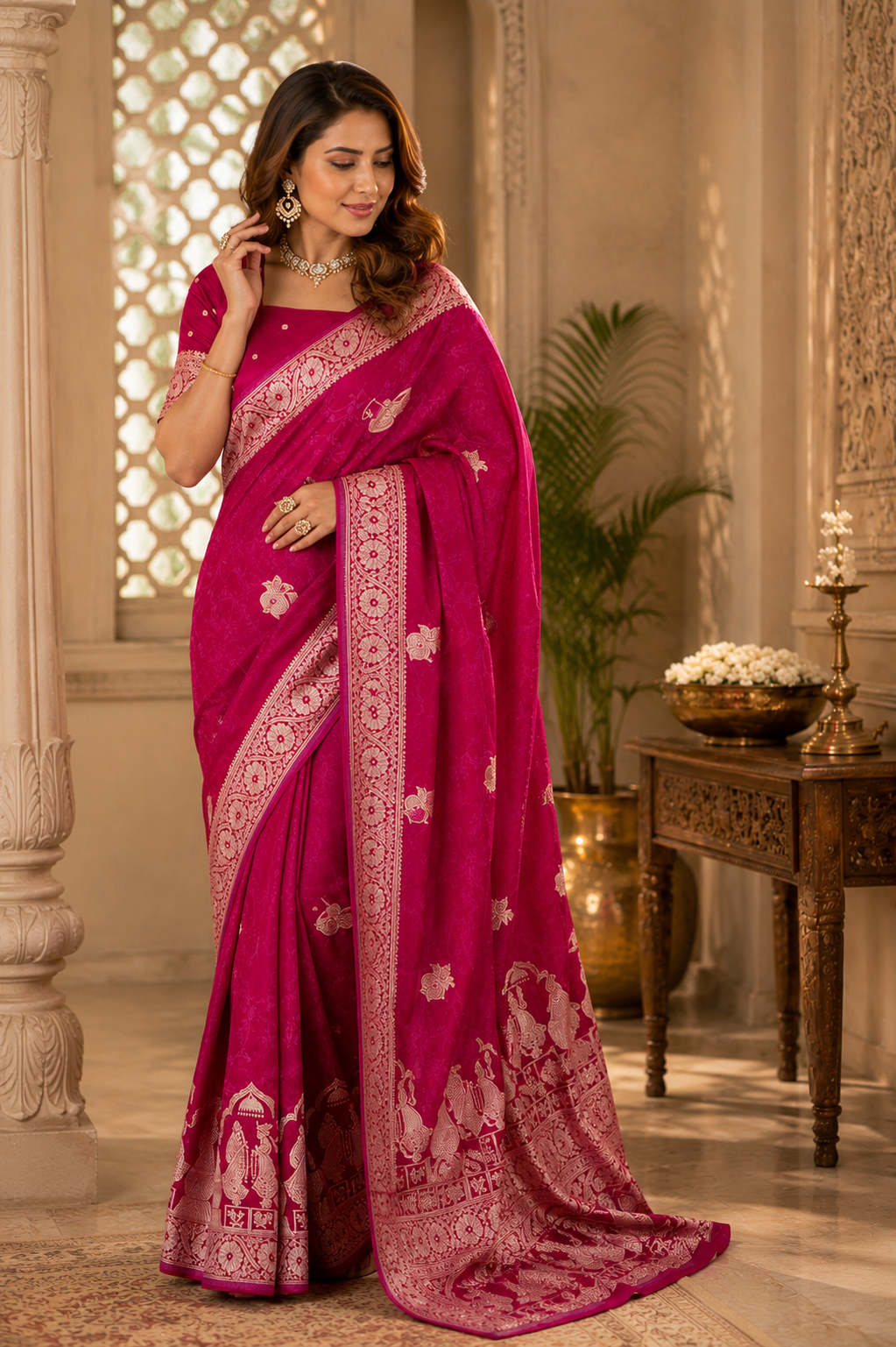 Rani Pink Pure Silk Jari Weave Party Wear Saree - blouse detail