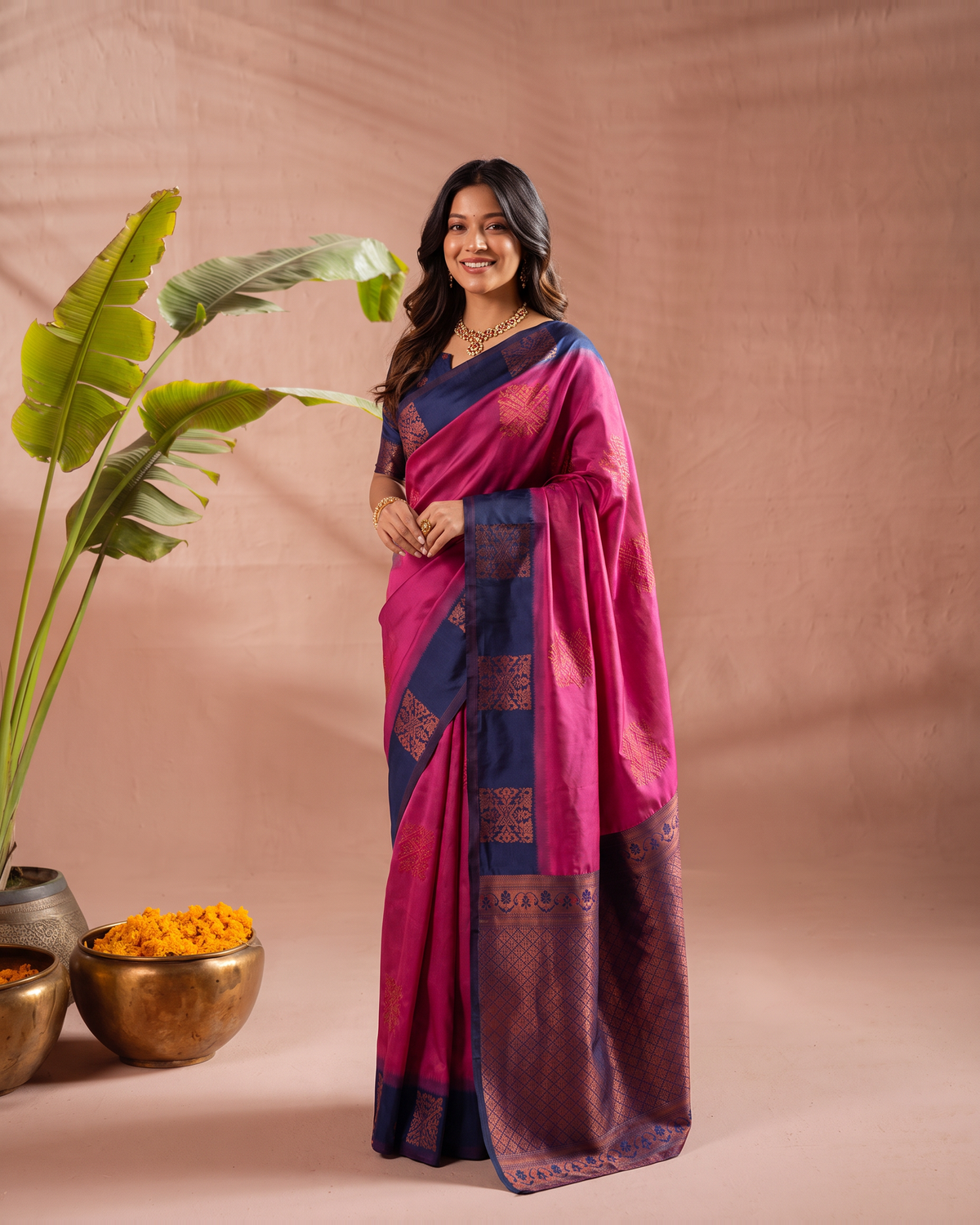 Raspberry Navy Silk Saree with Bold Contrast Pallu - full saree hero