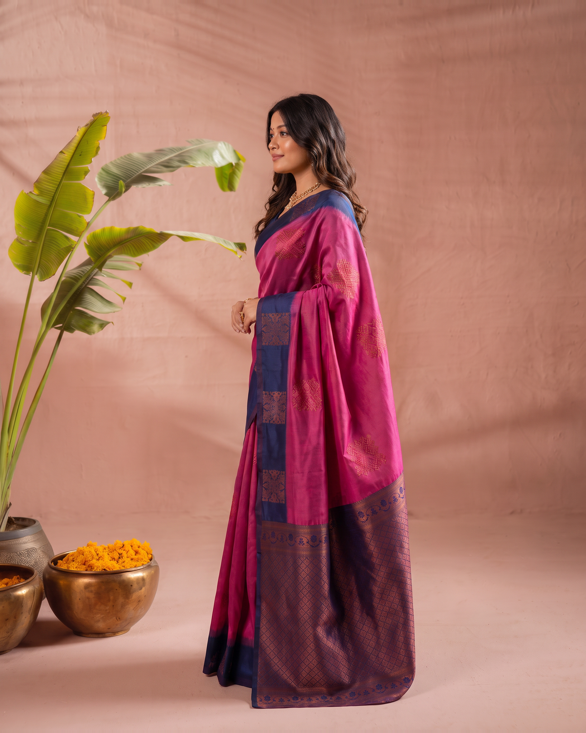 Raspberry Navy Silk Saree with Bold Contrast Pallu - side drape