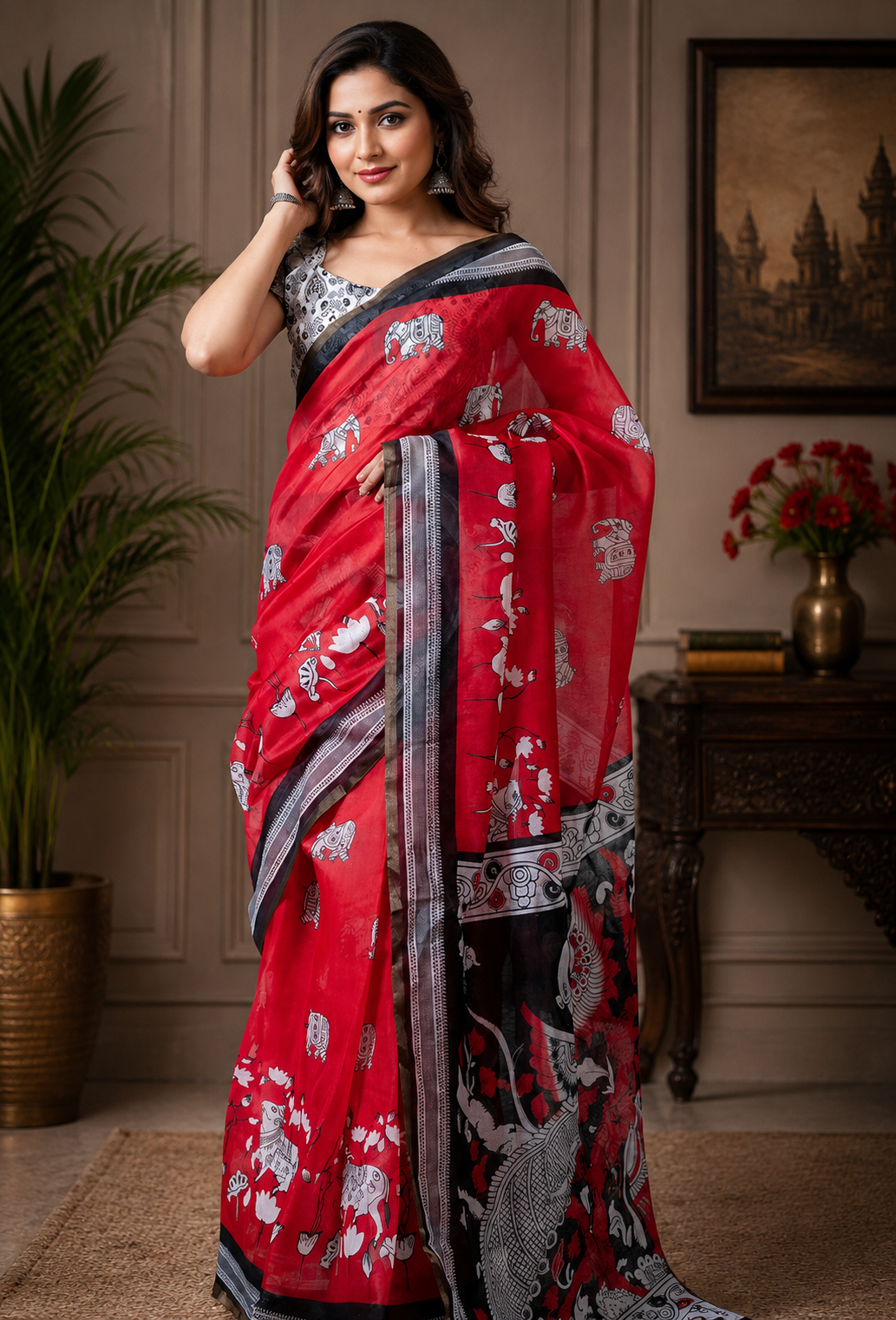 Red Black Floral Chanderi Cotton Ready To Wear Saree - full saree