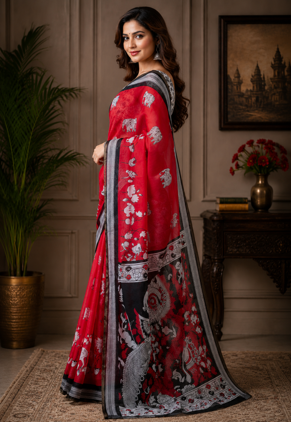 Red Black Floral Chanderi Cotton Ready To Wear Saree - image 2