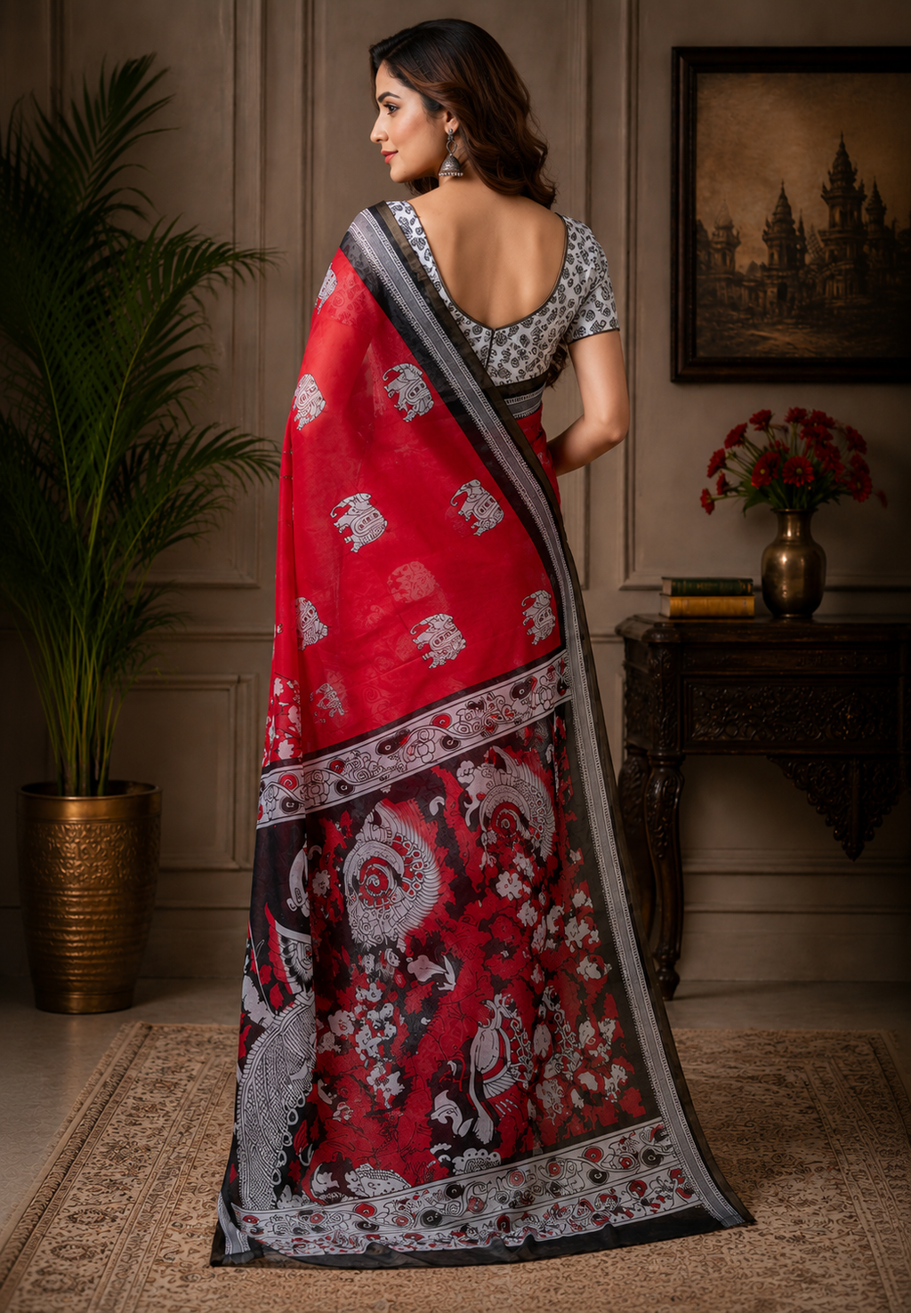 Red Black Floral Chanderi Cotton Ready To Wear Saree - image 3