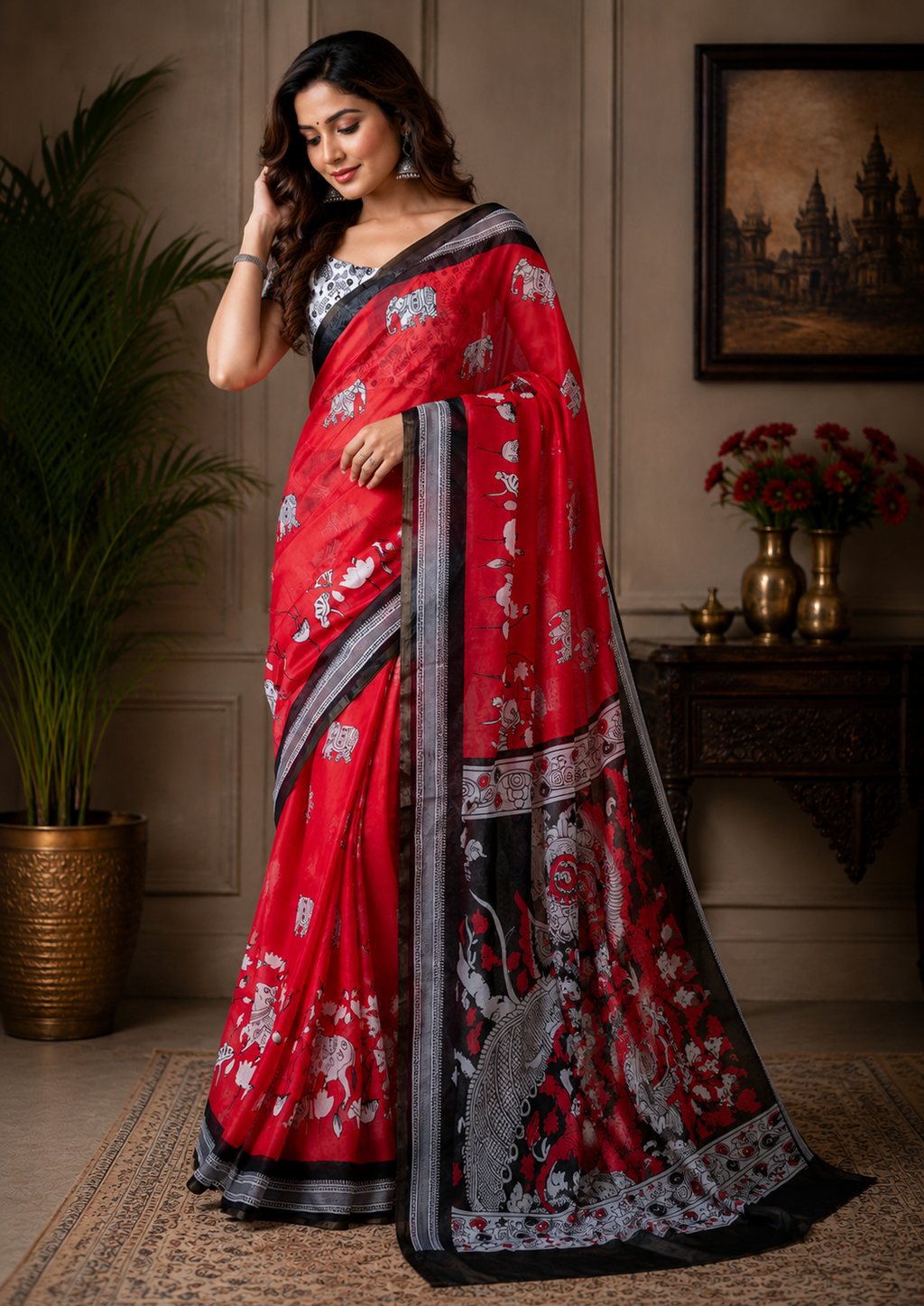Red Black Floral Chanderi Cotton Ready To Wear Saree - image 4