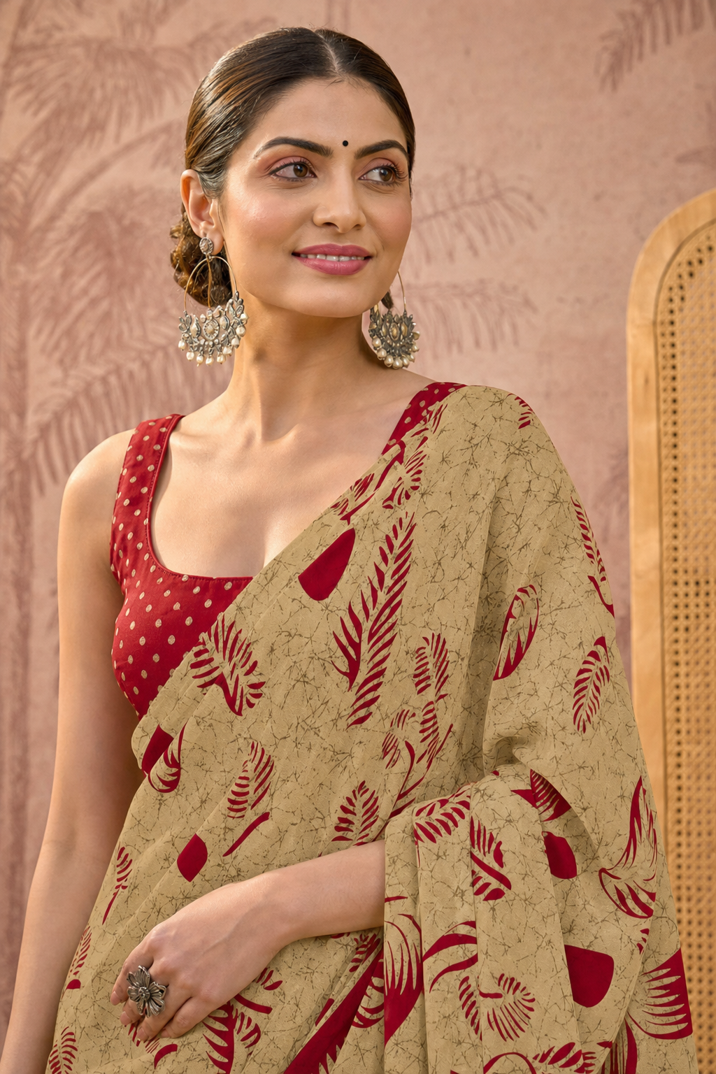 Beige Mulmul Cotton Saree with Maroon Block Print