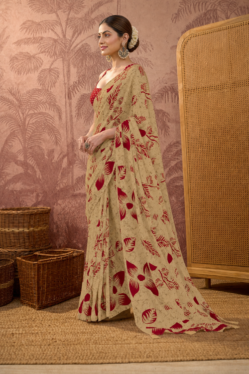 Beige Mulmul Cotton Saree with Maroon Block Print