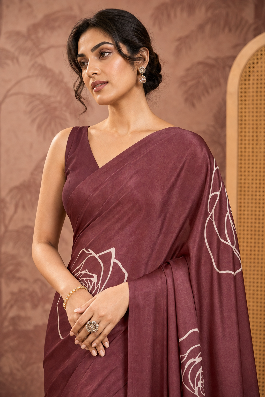 Beige Mulmul Cotton Saree with Maroon Block Print