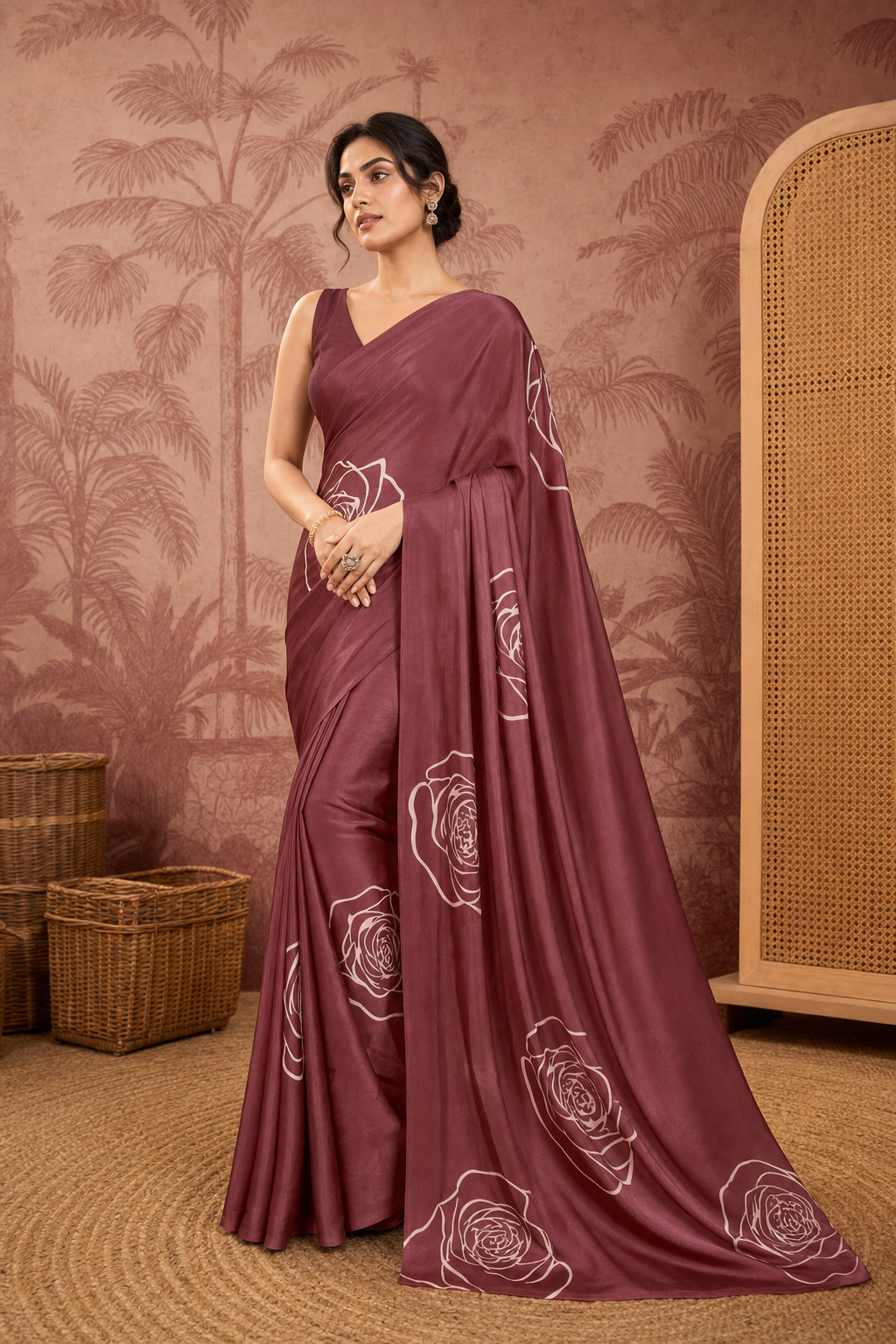 Beige Mulmul Cotton Saree with Maroon Block Print