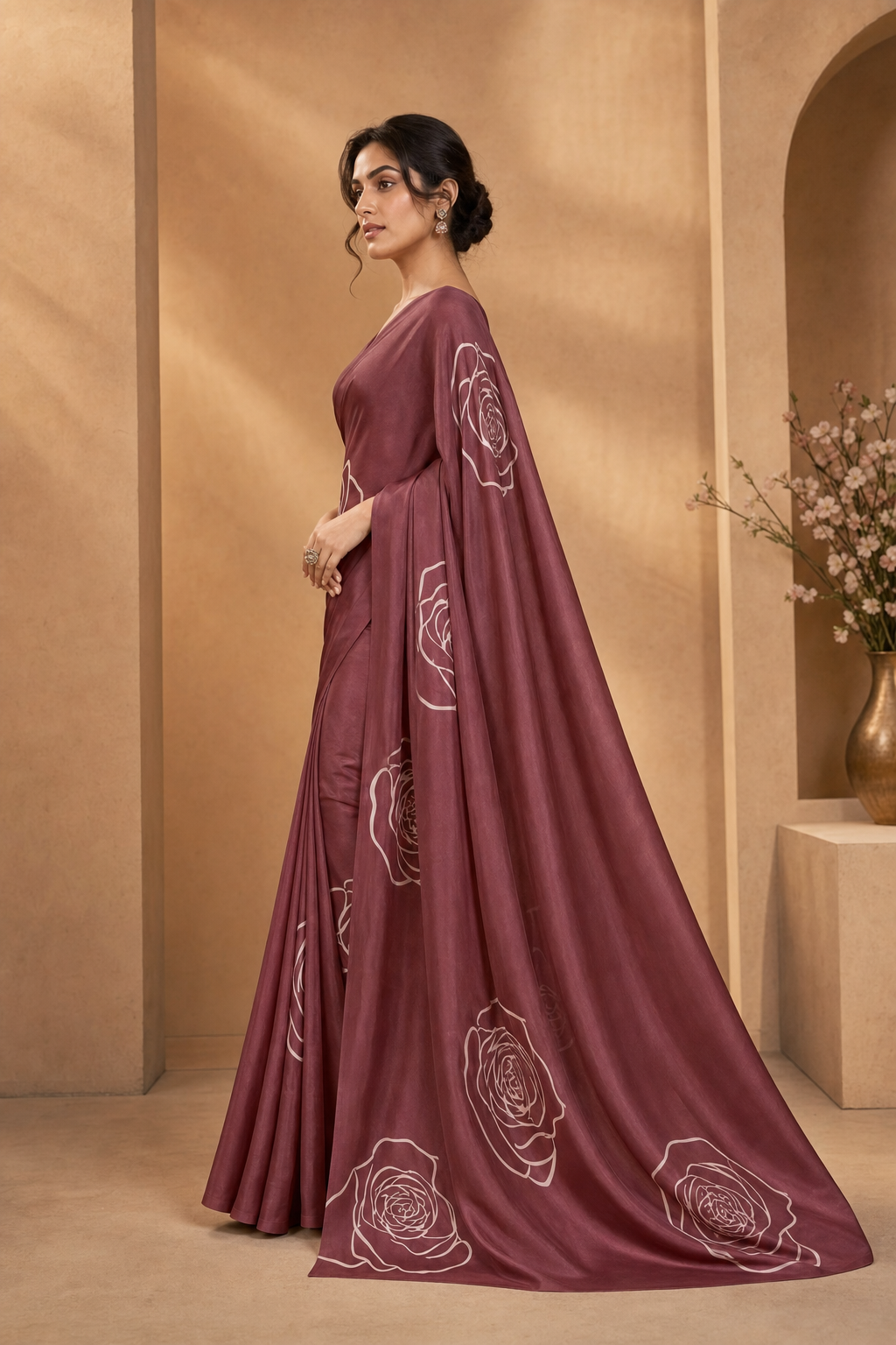 Beige Mulmul Cotton Saree with Maroon Block Print