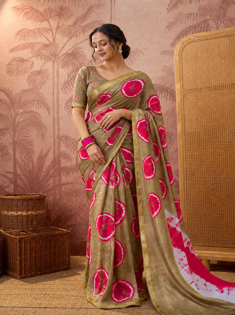 Vintage Charm Chikoo & Pink Shibori Saree