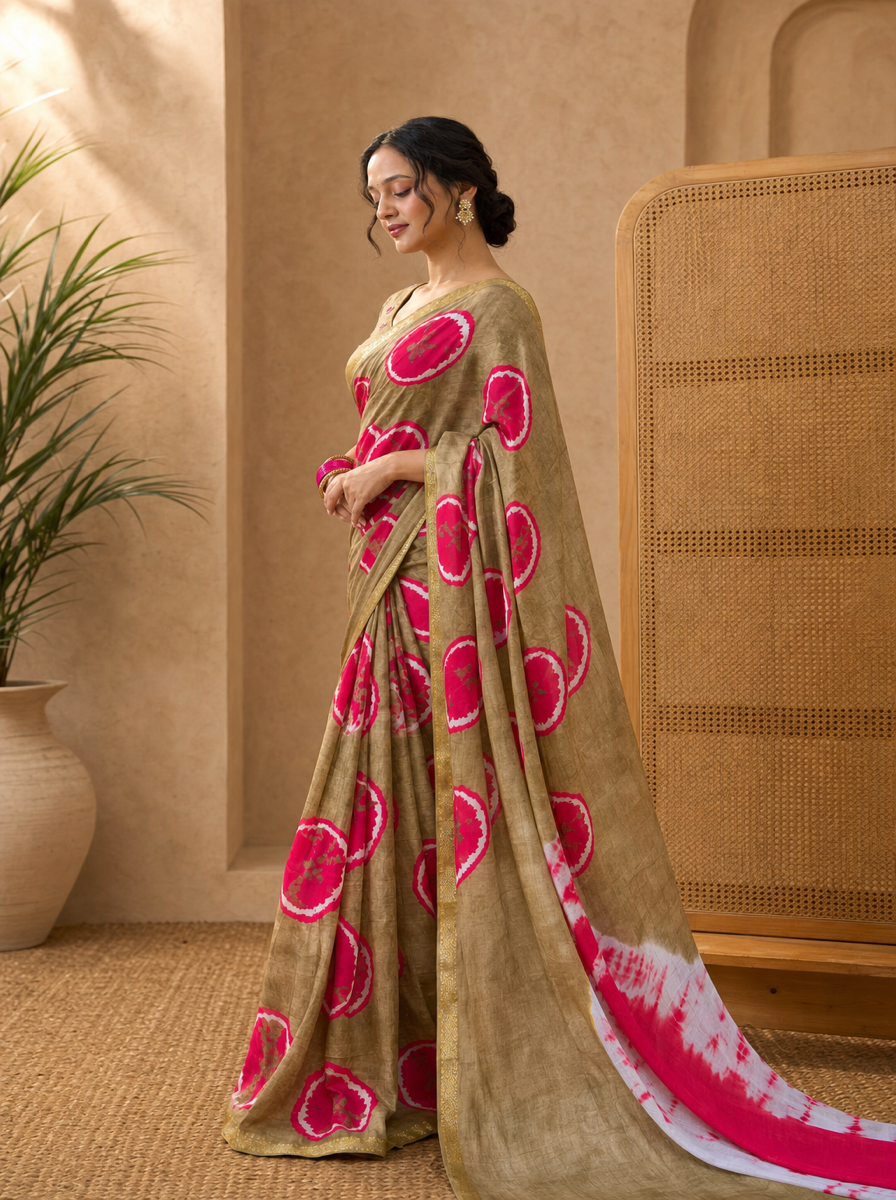 Vintage Charm Chikoo & Pink Shibori Saree